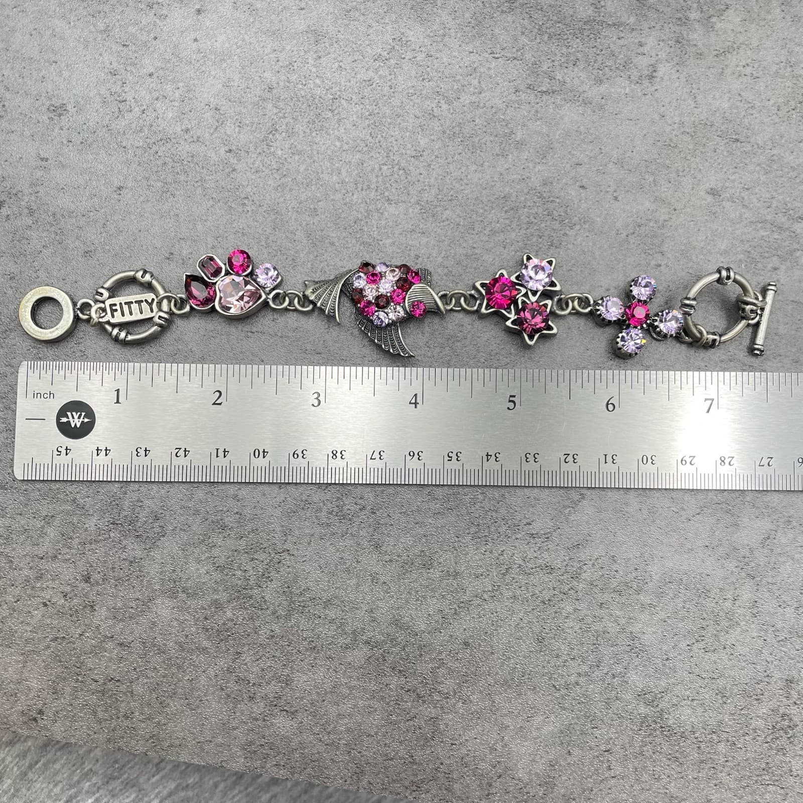 Vintage Multi Faceted Bezel Crystal Embellished Figural Charm Toggle Bracelet - Thumbnail 2