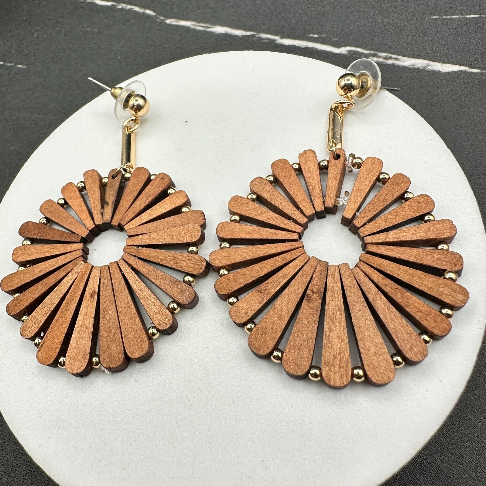 Vintage Handmade Women's Brown Wooden Windmill Dangle/Drop Earrings - Thumbnail 11