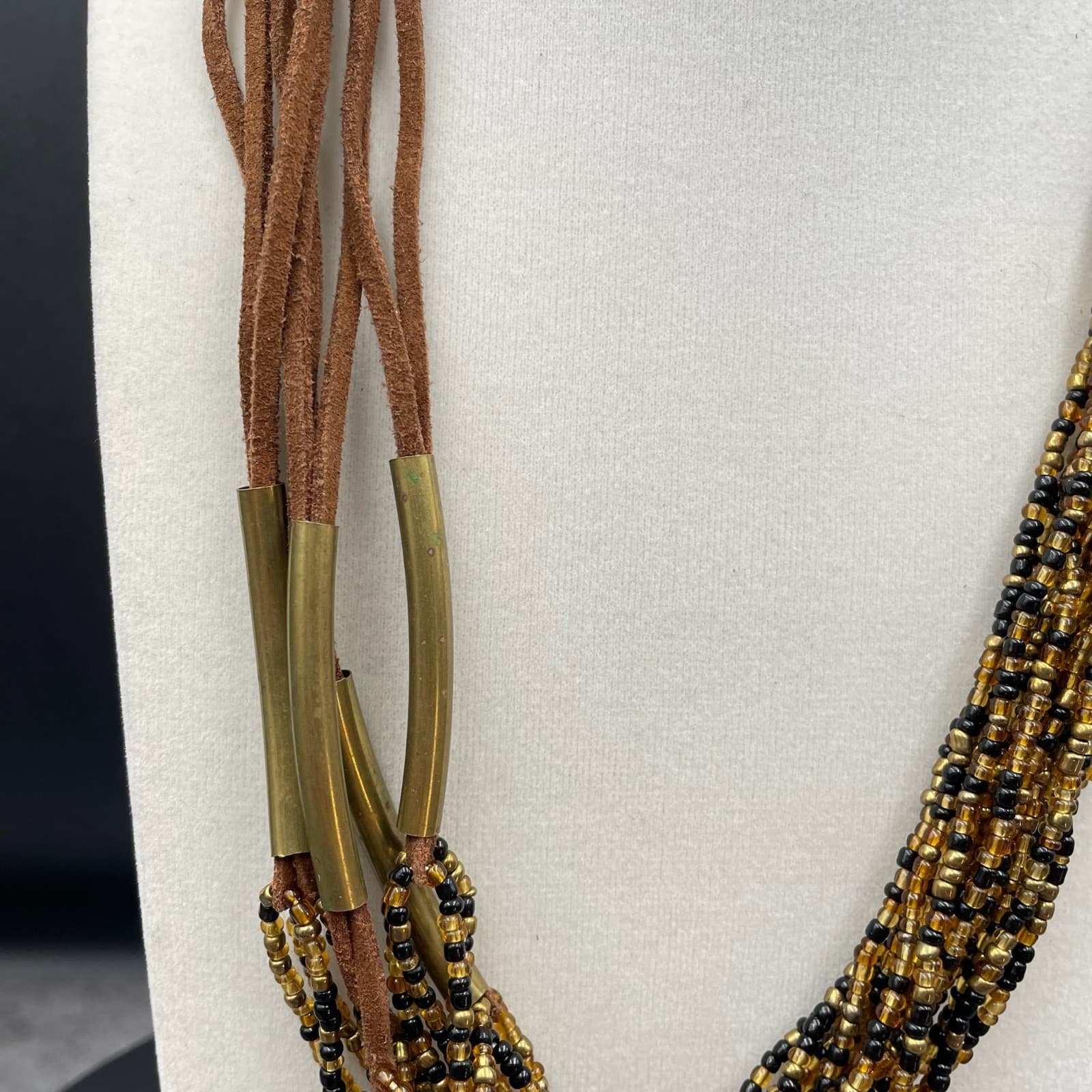 Vintage Amber Gold-Tone Suede Glass Seed Bead Multi-Strand Torsade Necklace - Thumbnail 4