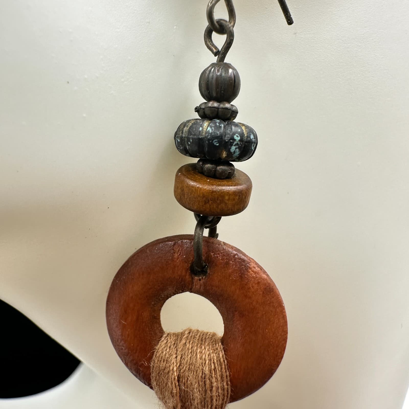 Vintage Handmade Women's Brown Tribal Wood Boho Tassel Dangle/Drop Earrings - Thumbnail 6