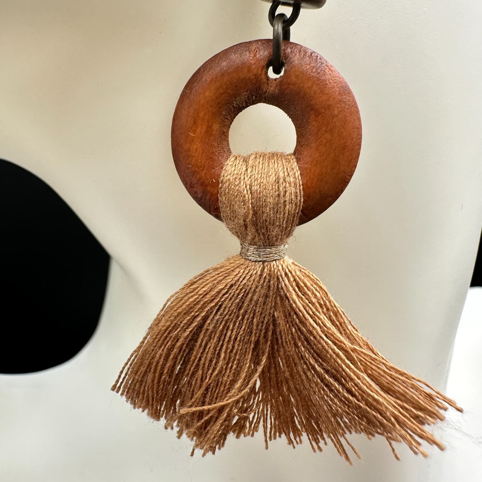 Vintage Handmade Women's Brown Tribal Wood Boho Tassel Dangle/Drop Earrings - Thumbnail 4