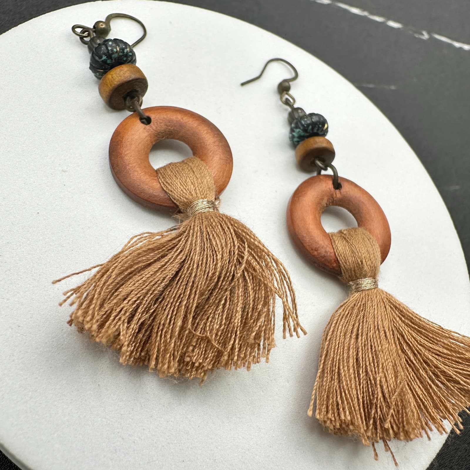 Vintage Handmade Women's Brown Tribal Wood Boho Tassel Dangle/Drop Earrings - Thumbnail 11