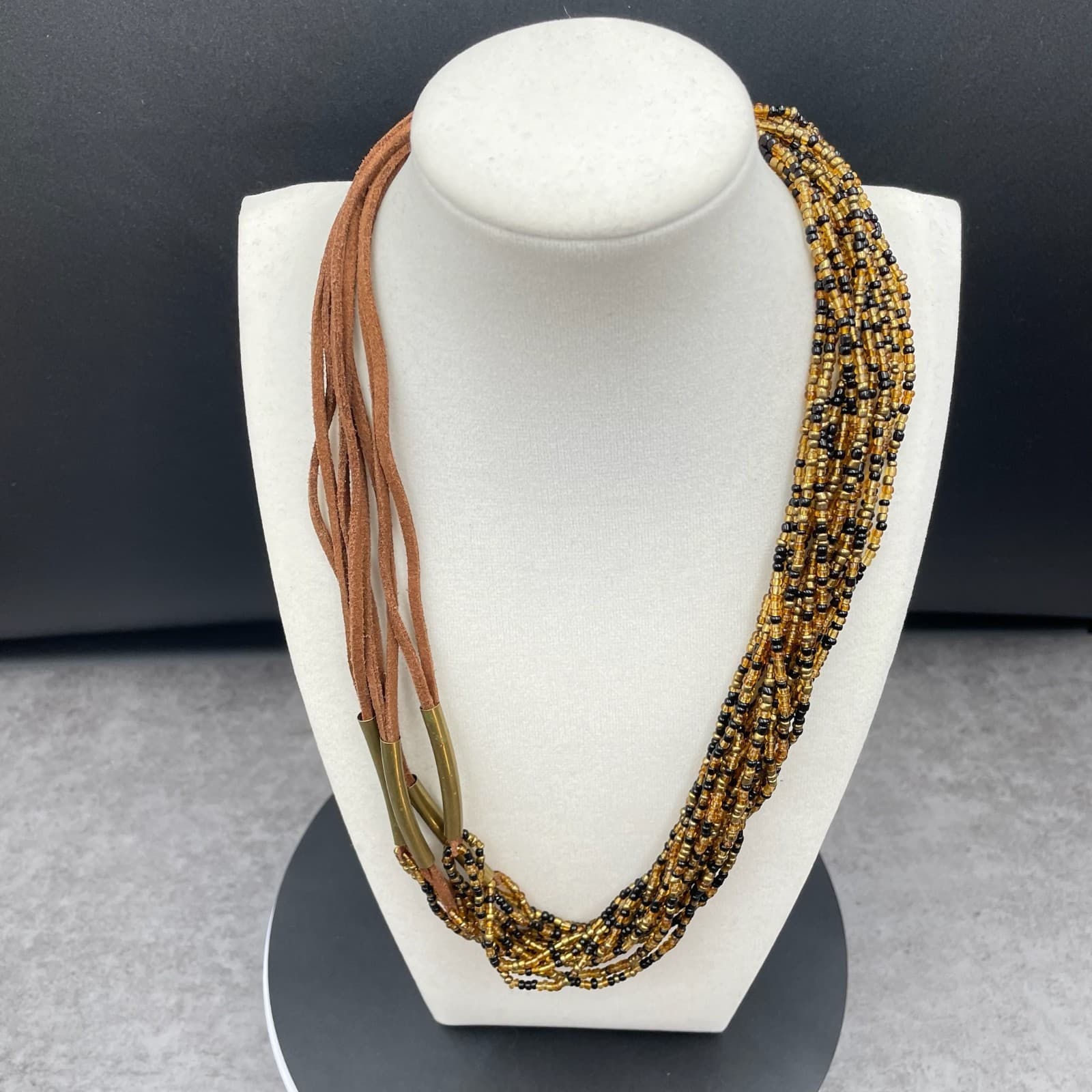 Vintage Amber Gold-Tone Suede Glass Seed Bead Multi-Strand Torsade Necklace - Thumbnail 2