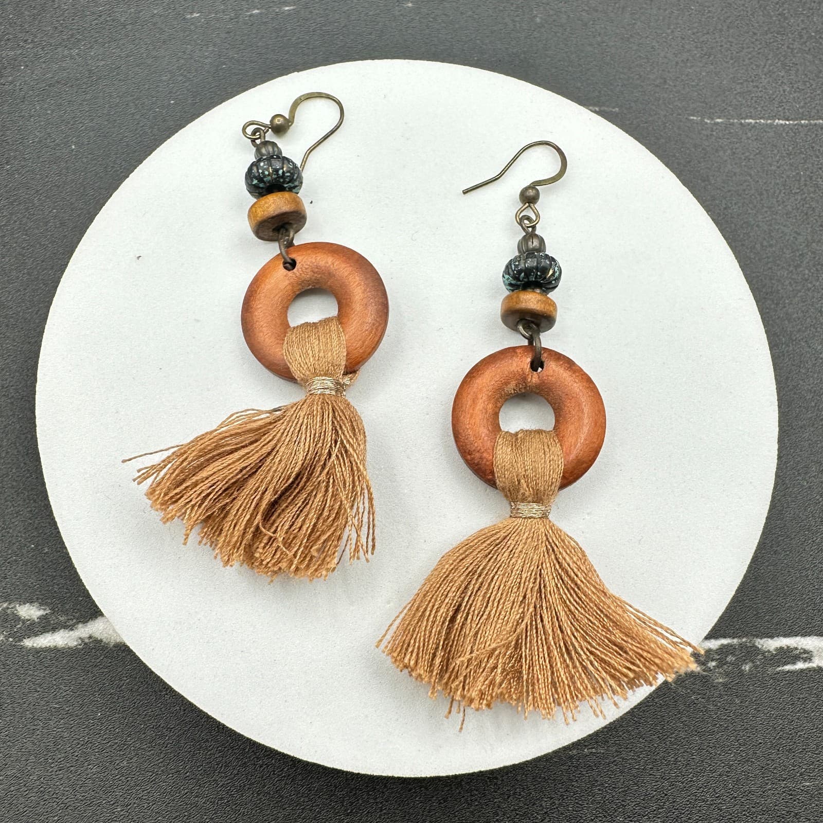 Vintage Handmade Women's Brown Tribal Wood Boho Tassel Dangle/Drop Earrings - Thumbnail 9