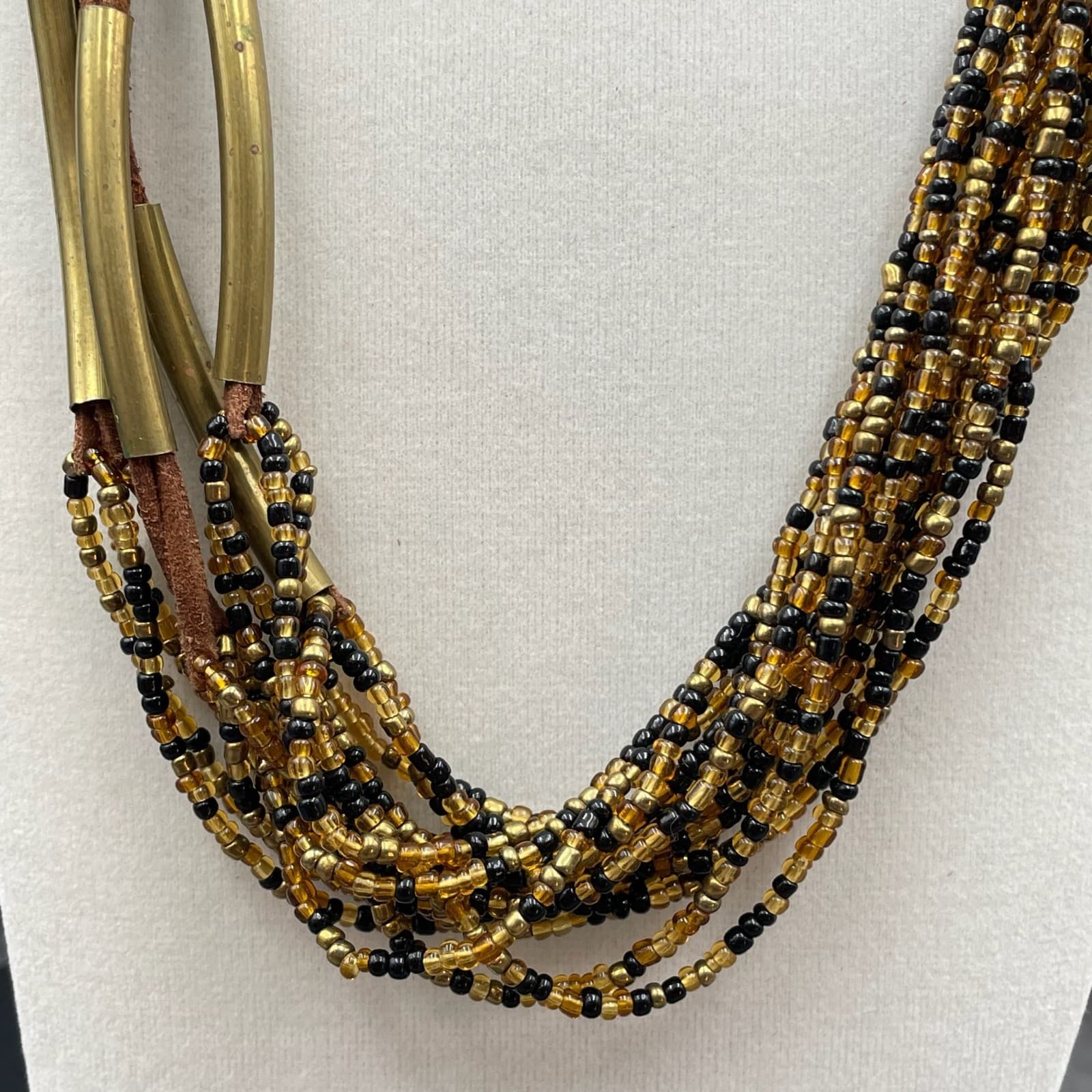 Vintage Amber Gold-Tone Suede Glass Seed Bead Multi-Strand Torsade Necklace - Thumbnail 5