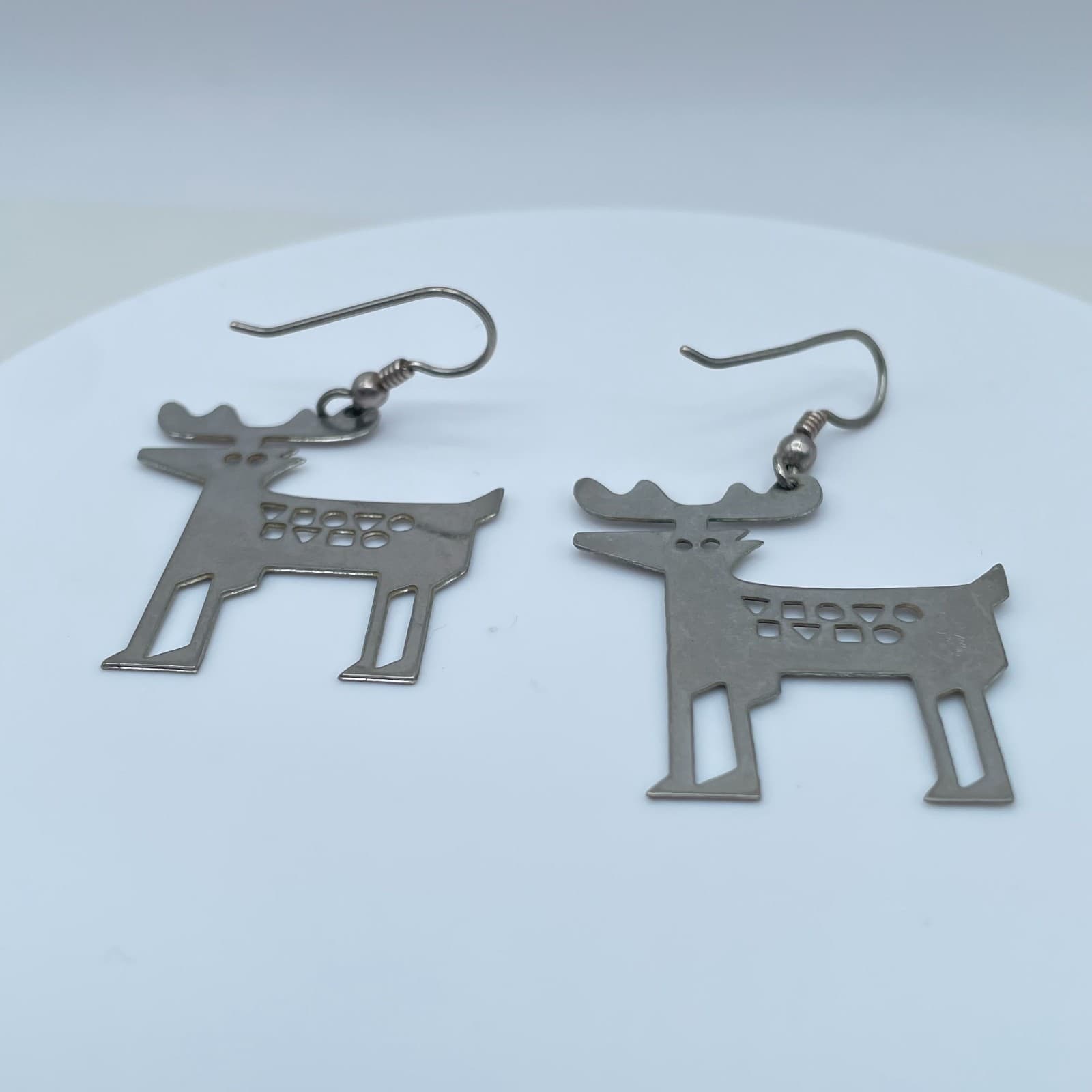 Vintage 90s Silver Tone Cutout Deer Moose Dangle Earrings Boho Women's Jewelry - Thumbnail 2
