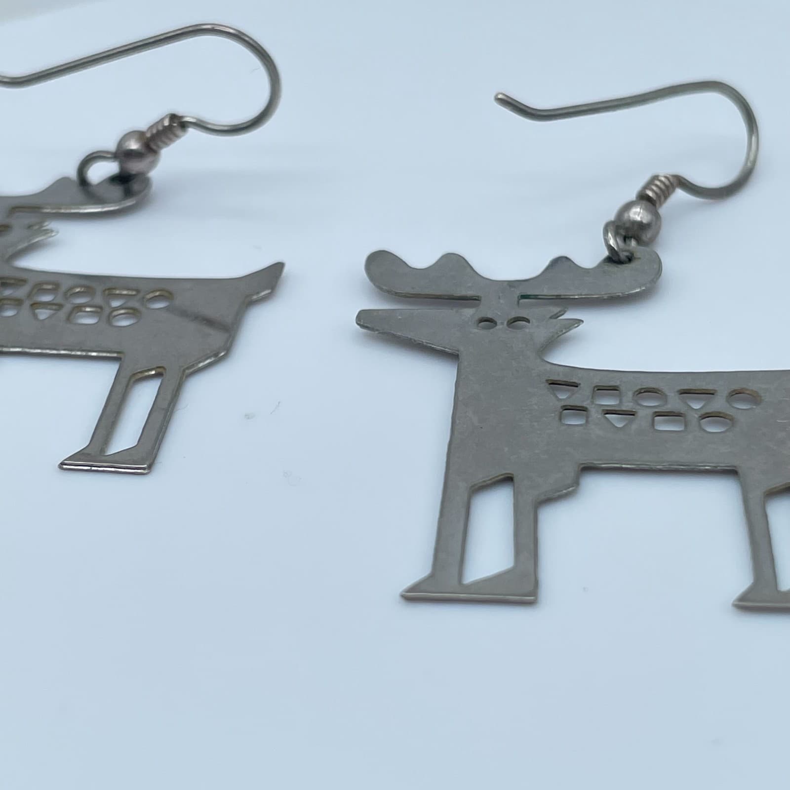 Vintage 90s Silver Tone Cutout Deer Moose Dangle Earrings Boho Women's Jewelry - Thumbnail 3