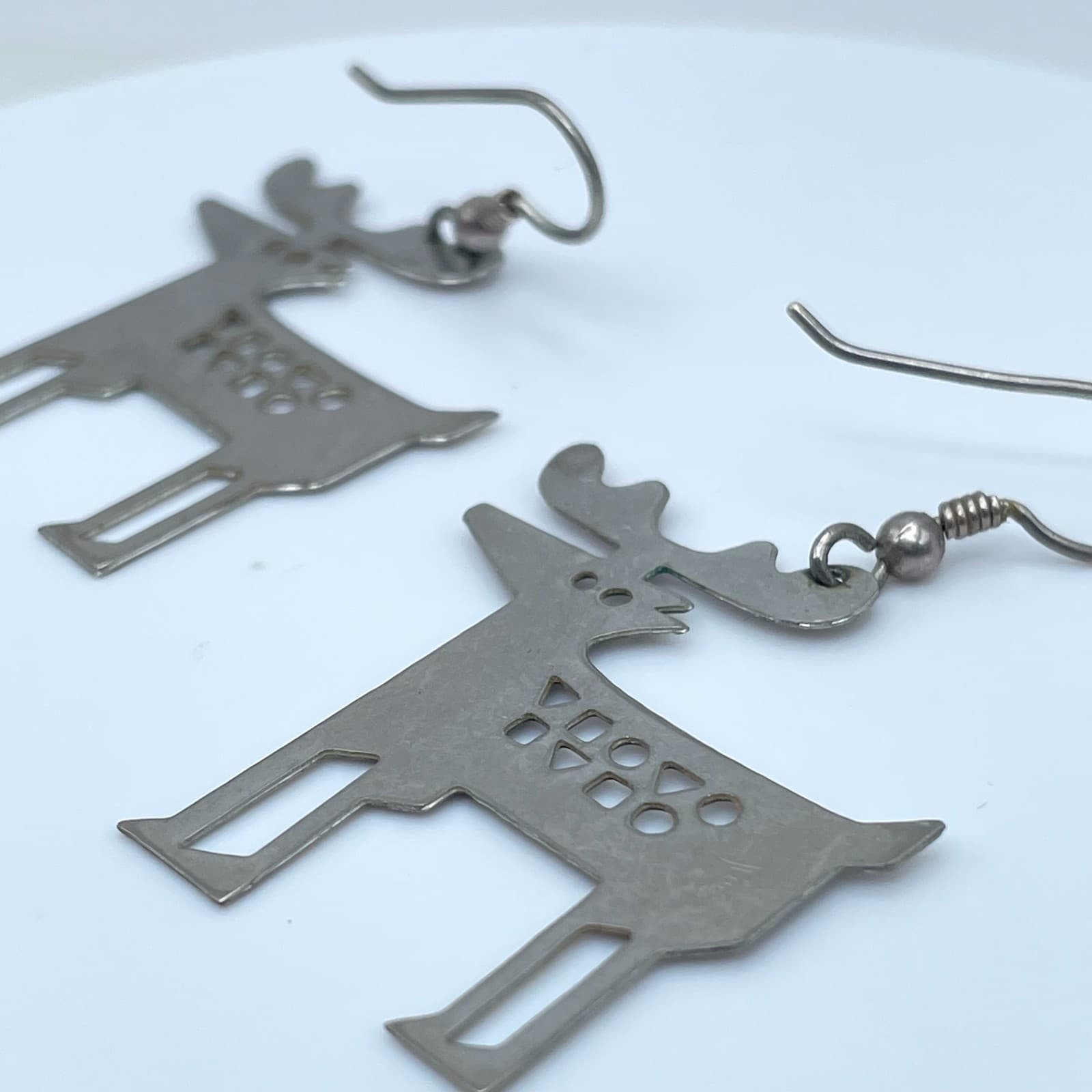 Vintage 90s Silver Tone Cutout Deer Moose Dangle Earrings Boho Women's Jewelry - Thumbnail 4