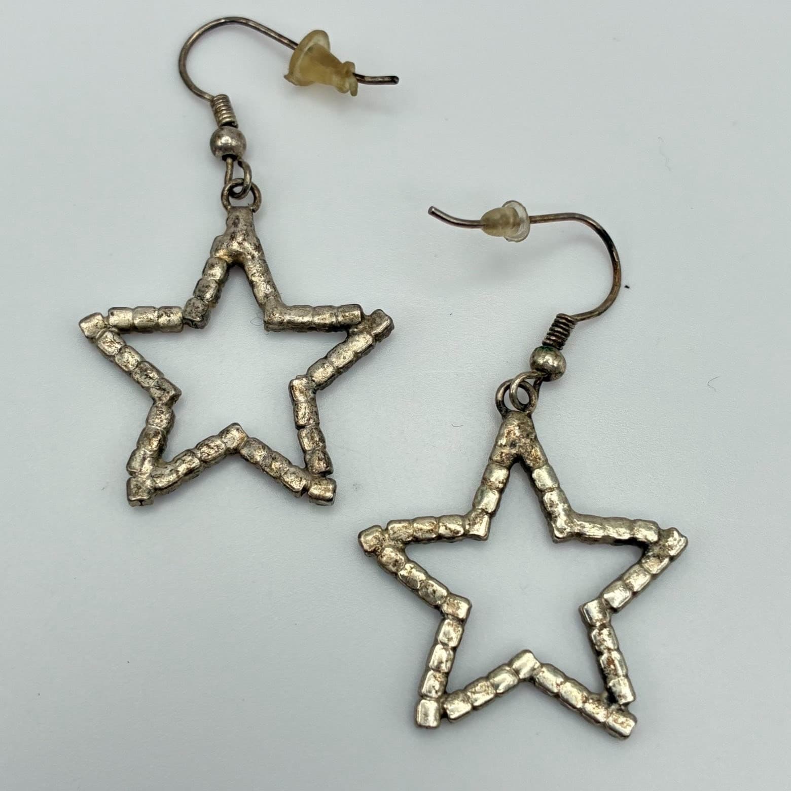 Vintage Y2K Silver Tone Star Iridescent Rhinestone Dangle Earrings Jewelry - Thumbnail 3