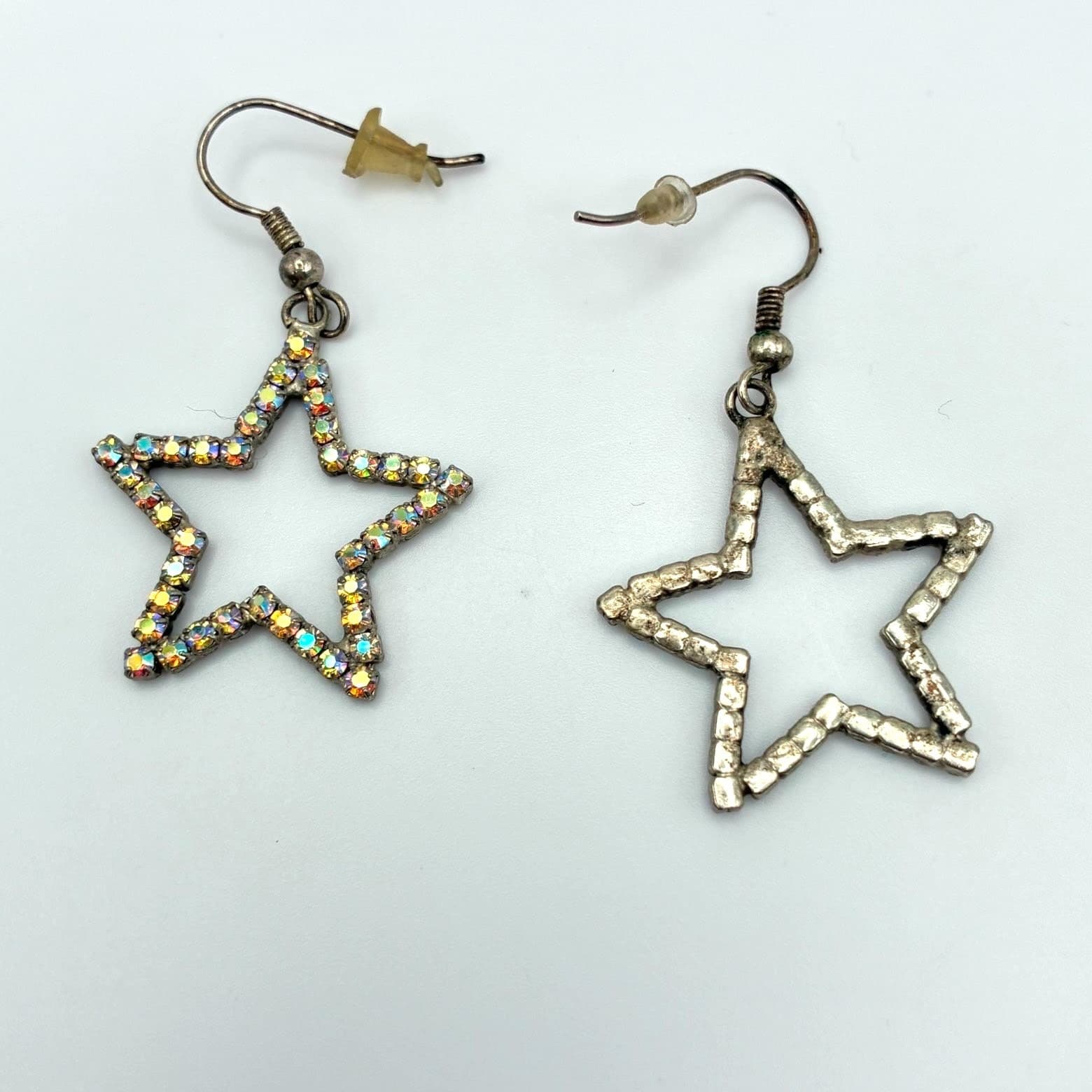 Vintage Y2K Silver Tone Star Iridescent Rhinestone Dangle Earrings Jewelry - Thumbnail 4