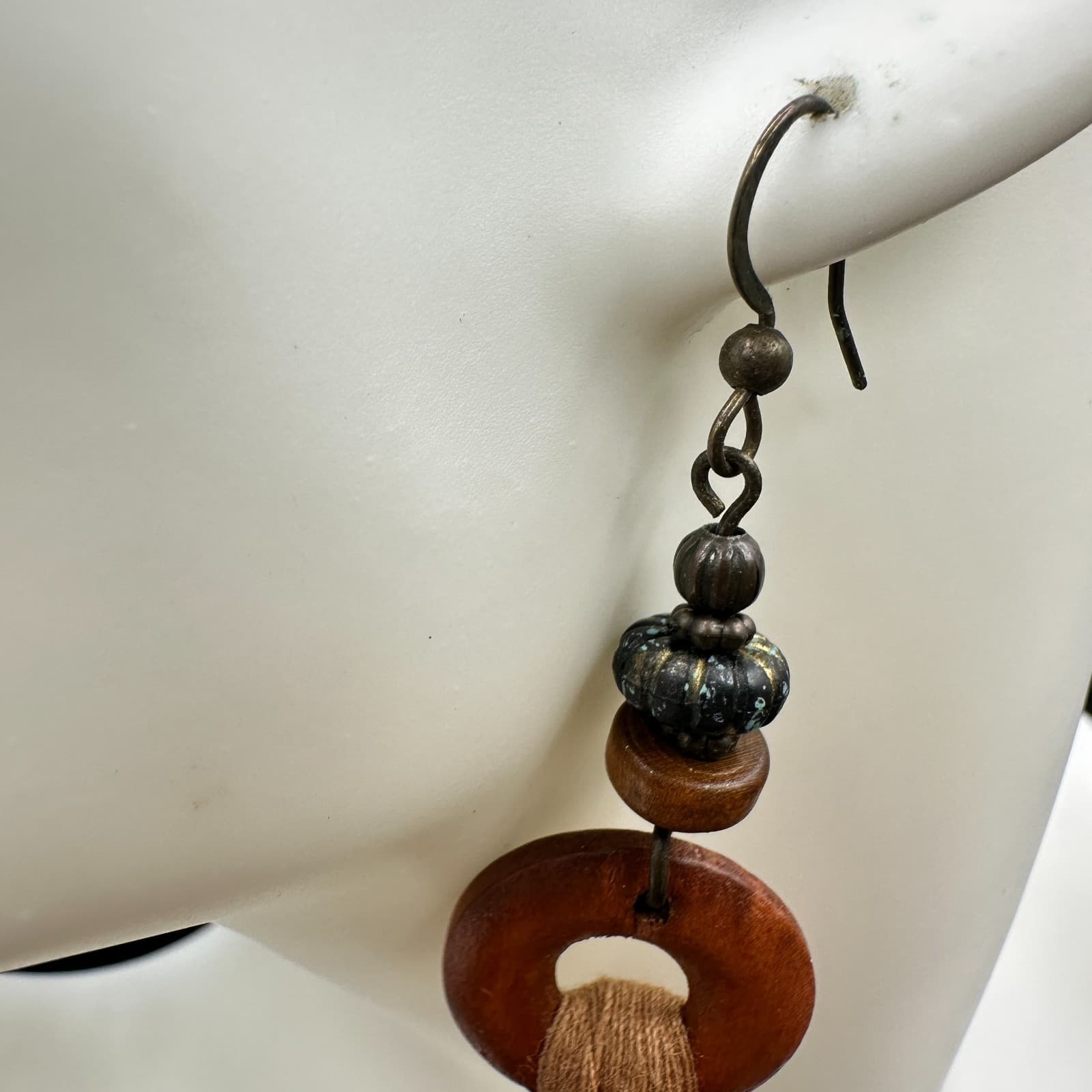 Vintage Handmade Women's Brown Tribal Wood Boho Tassel Dangle/Drop Earrings - Thumbnail 7