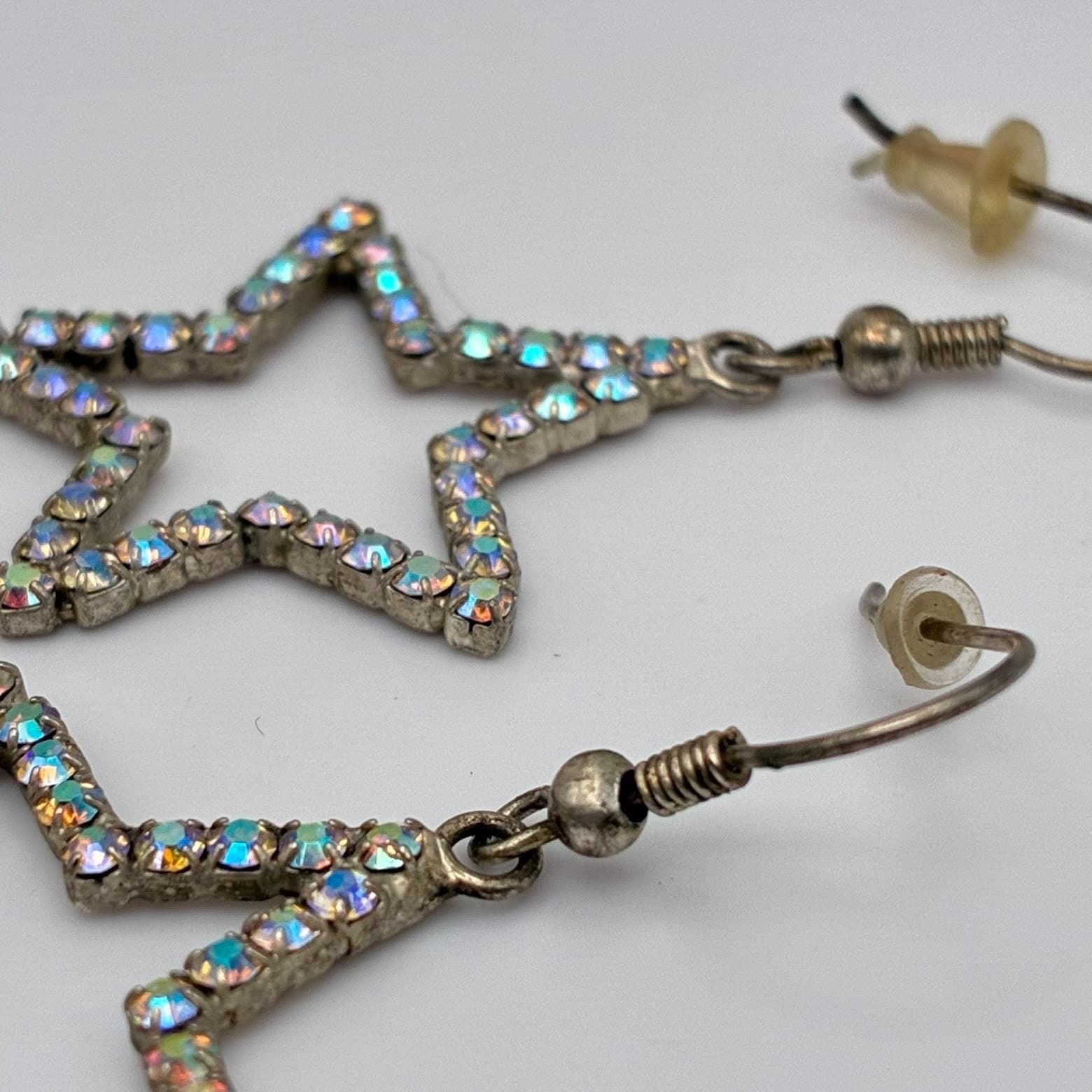 Vintage Y2K Silver Tone Star Iridescent Rhinestone Dangle Earrings Jewelry - Thumbnail 5
