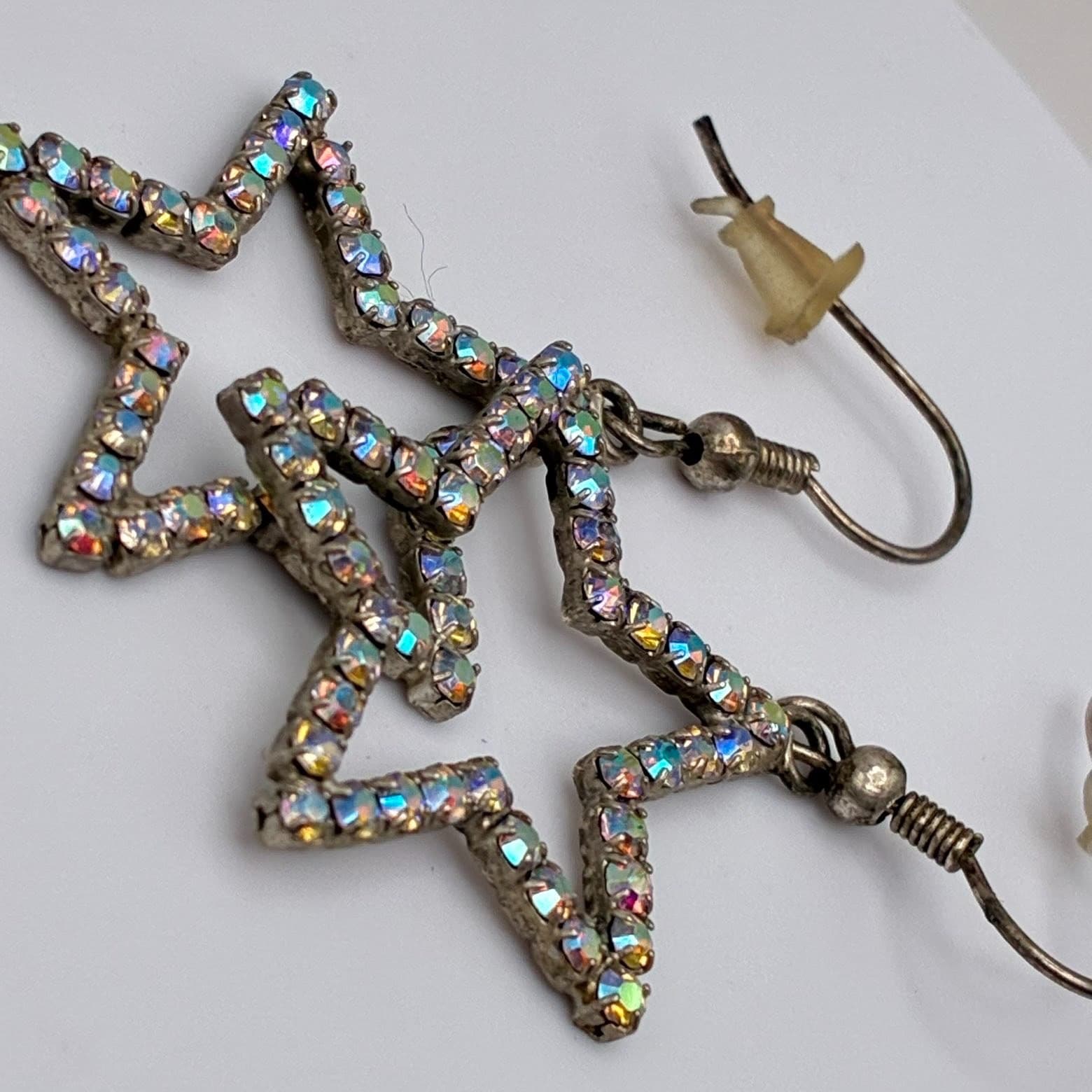 Vintage Y2K Silver Tone Star Iridescent Rhinestone Dangle Earrings Jewelry - Thumbnail 7