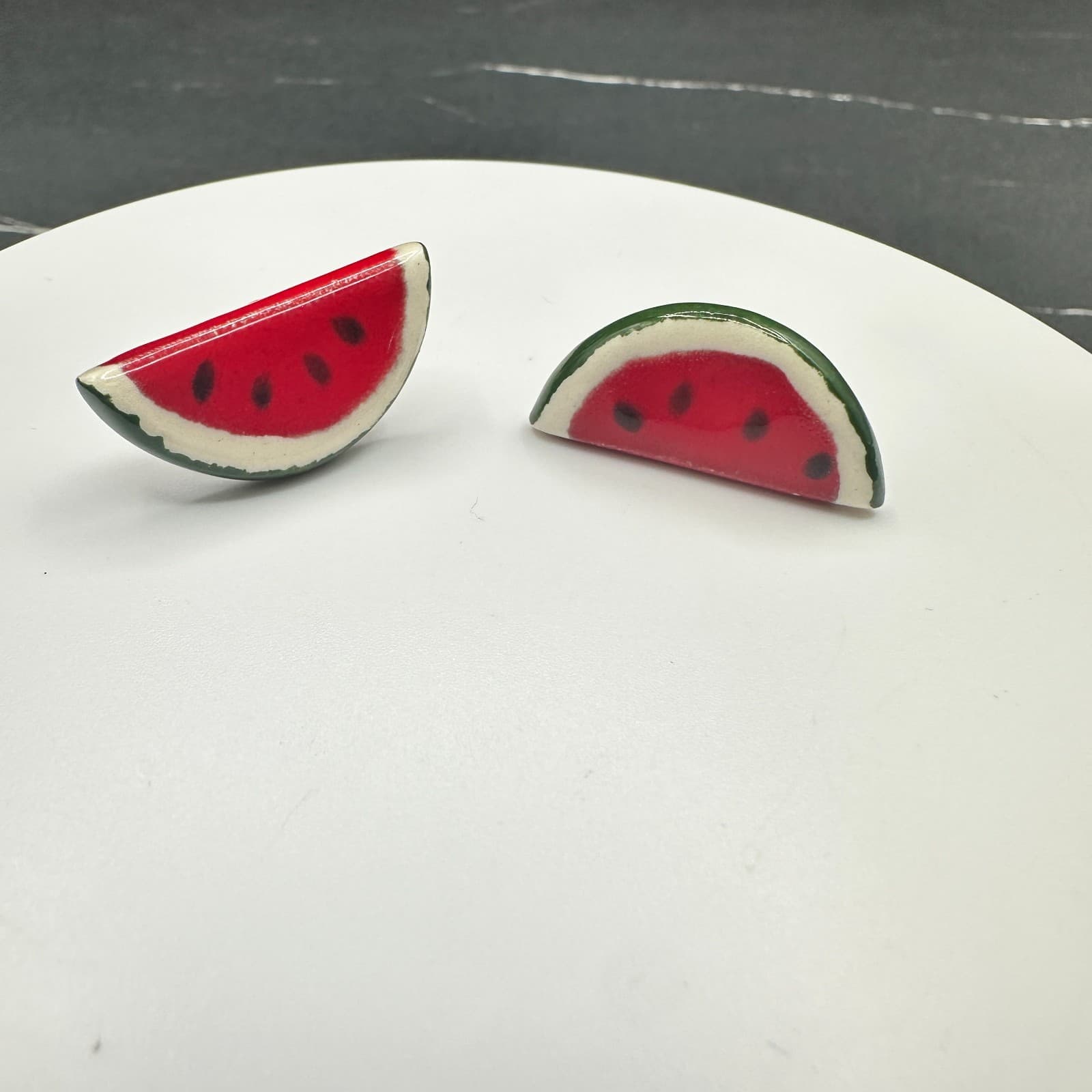 VTG Hand Painted Clay Watermelon Stud Earrings Fruit Food Resin Pop Art Fun - Image 1