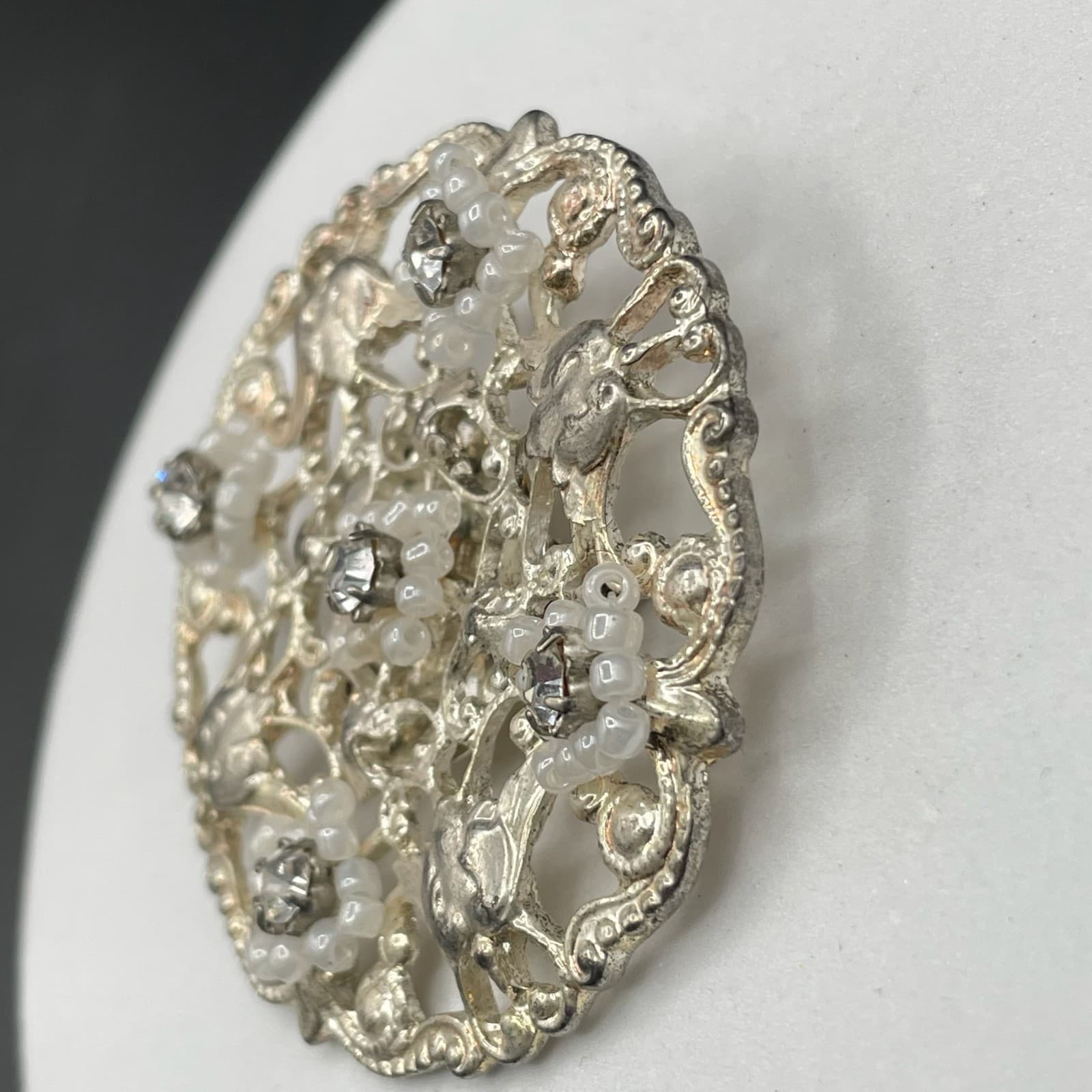 Vintage Silver Filigree Brooch w/ Rhinestones & Beaded Floral Accents - Thumbnail 2
