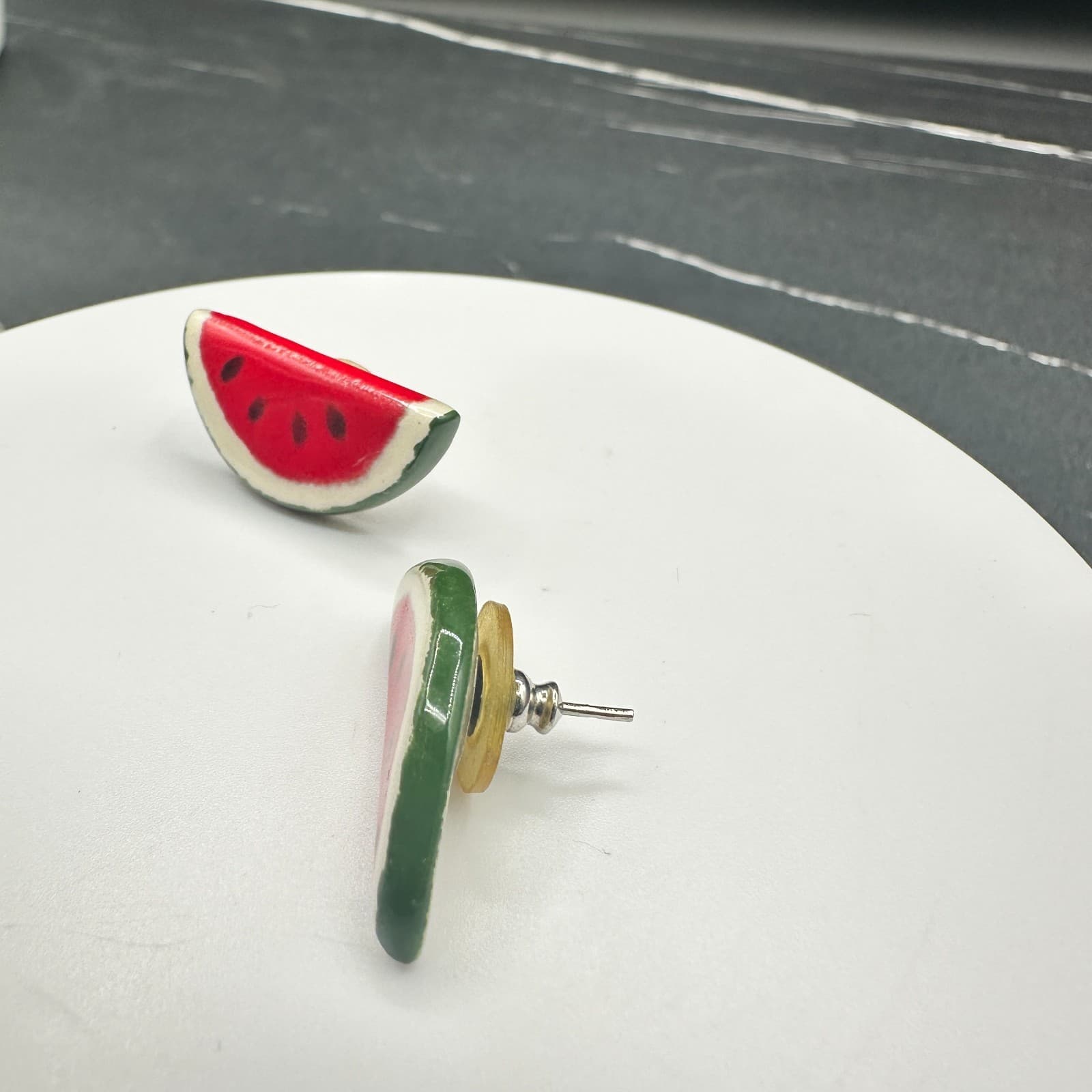 VTG Hand Painted Clay Watermelon Stud Earrings Fruit Food Resin Pop Art Fun - Thumbnail 4