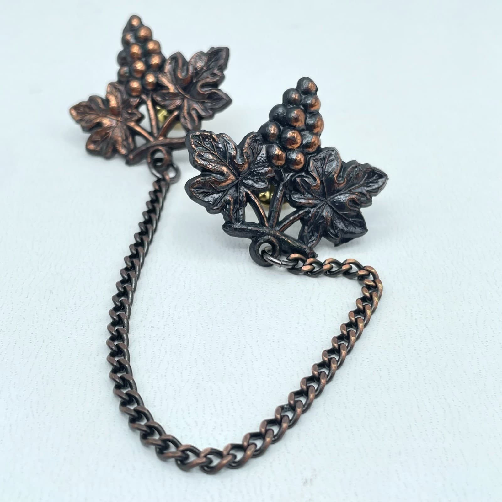 Vintage 90s Grapes & Leaf Lapel Pins Chain Copper Tone Women's Classic Jewelry - Image 1