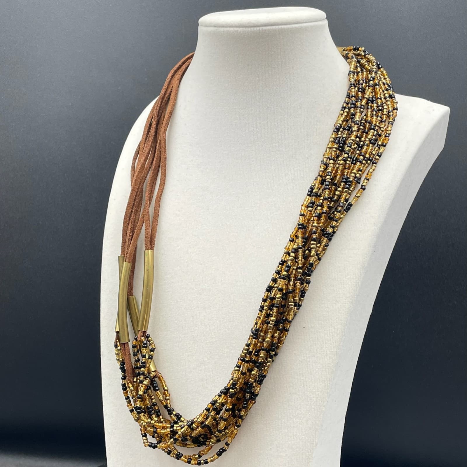 Vintage Amber Gold-Tone Suede Glass Seed Bead Multi-Strand Torsade Necklace - Thumbnail 8