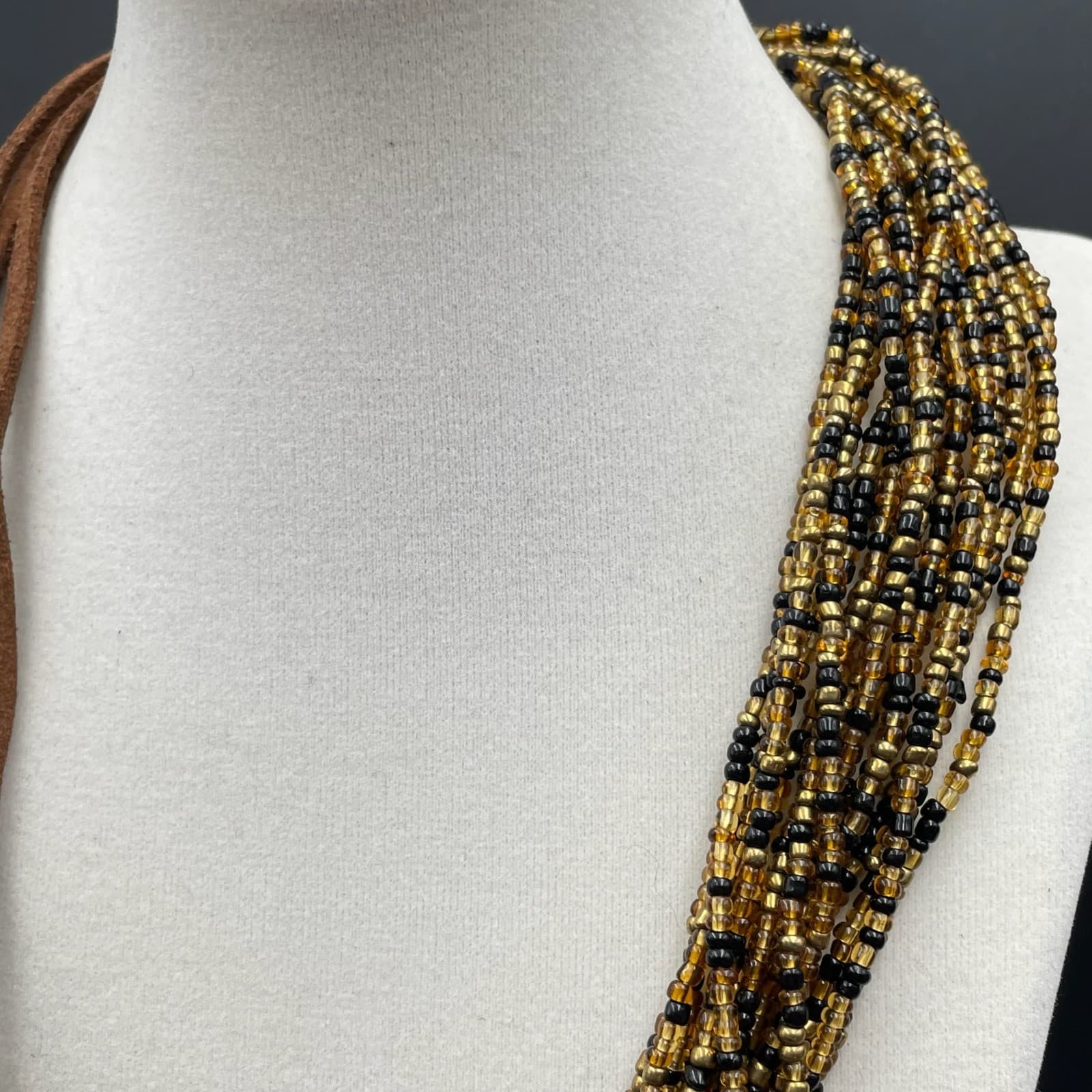 Vintage Amber Gold-Tone Suede Glass Seed Bead Multi-Strand Torsade Necklace - Thumbnail 7