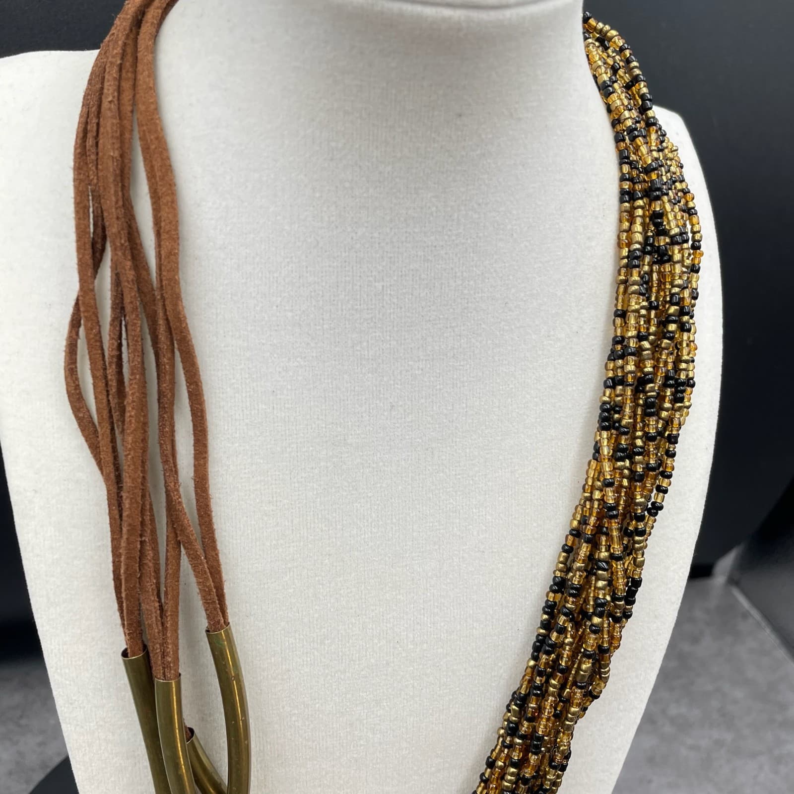 Vintage Amber Gold-Tone Suede Glass Seed Bead Multi-Strand Torsade Necklace - Thumbnail 3