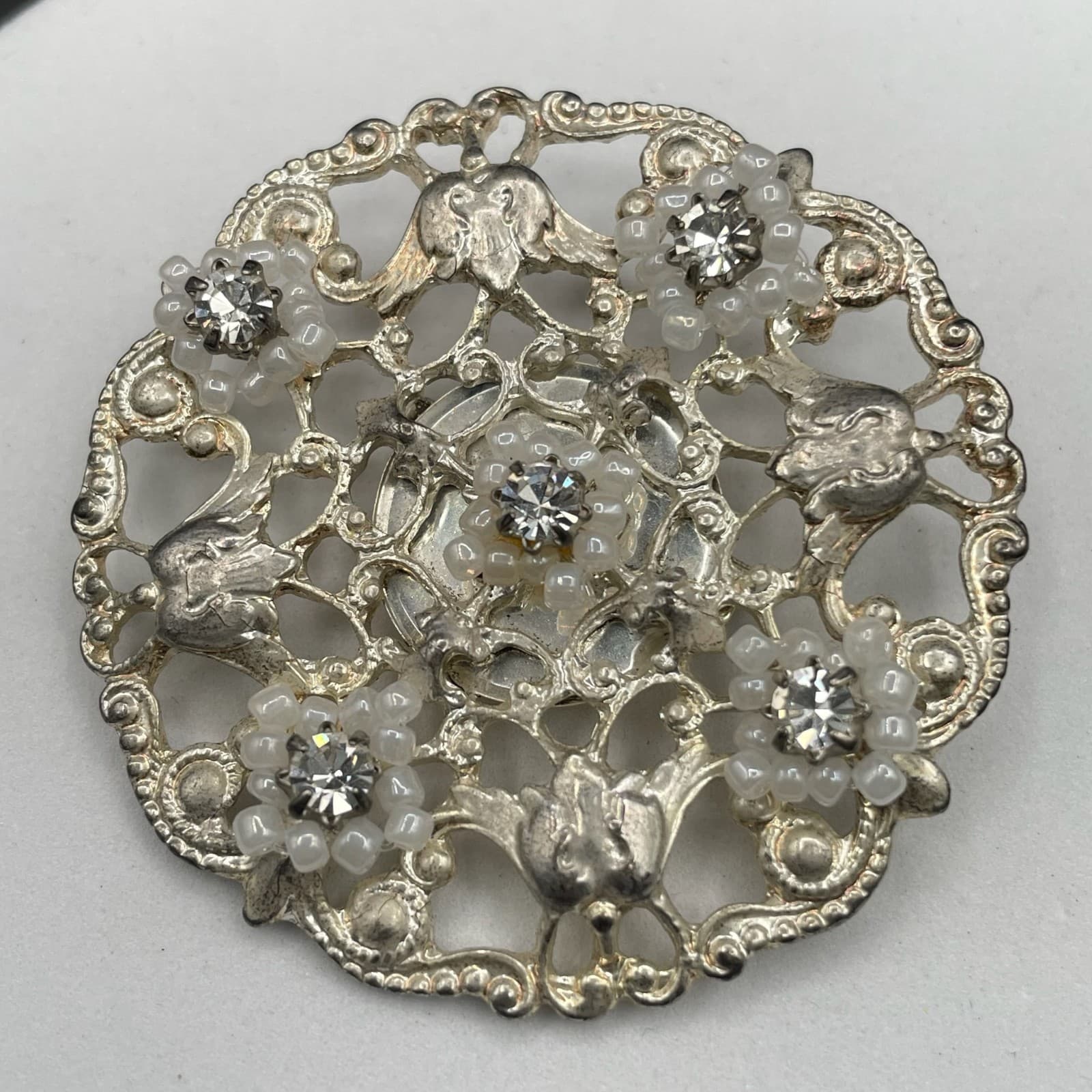 Vintage Silver Filigree Brooch w/ Rhinestones & Beaded Floral Accents - Image 1