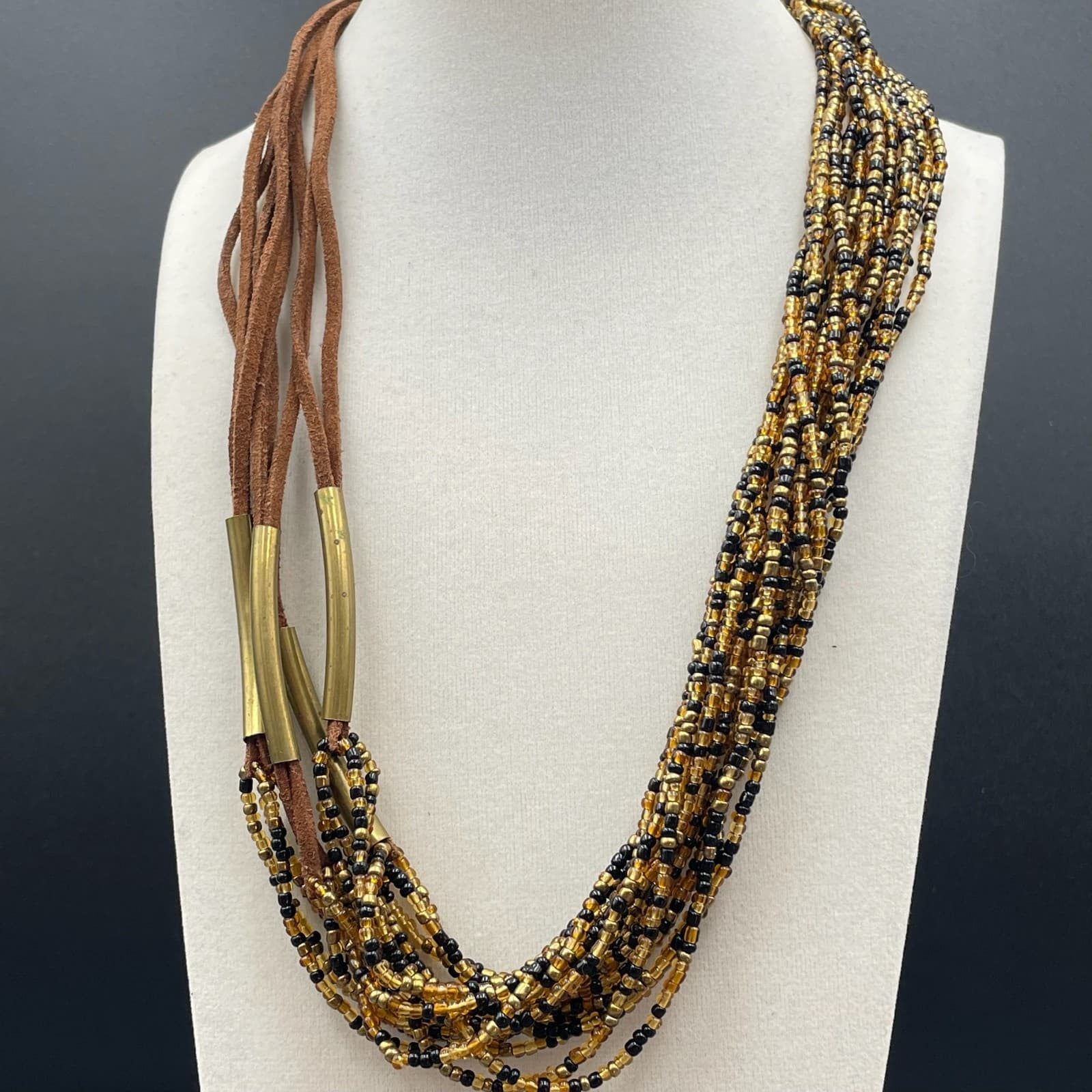 Vintage Amber Gold-Tone Suede Glass Seed Bead Multi-Strand Torsade Necklace - Thumbnail 6