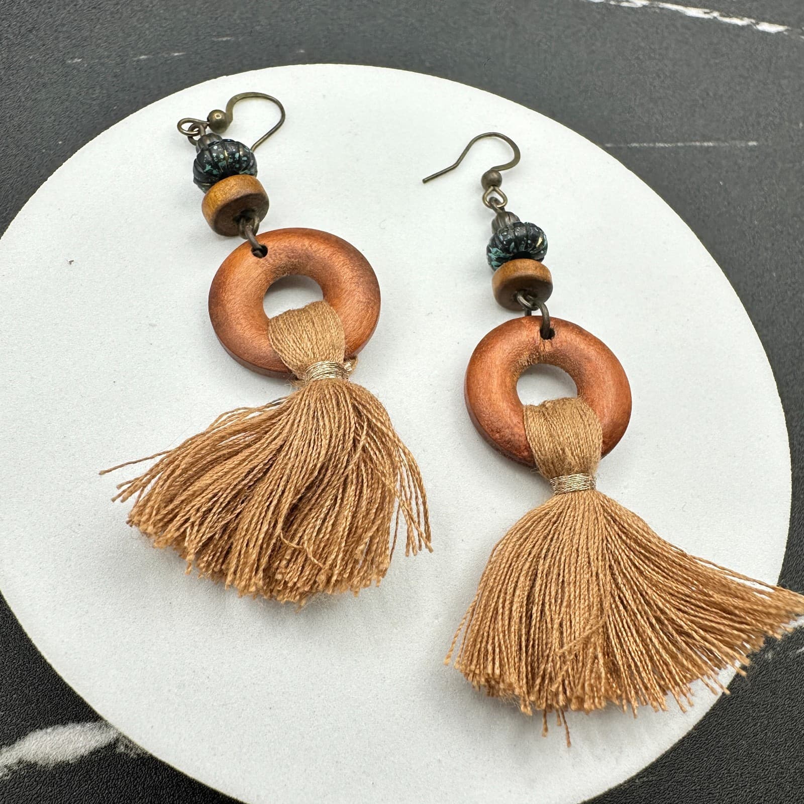 Vintage Handmade Women's Brown Tribal Wood Boho Tassel Dangle/Drop Earrings - Thumbnail 10
