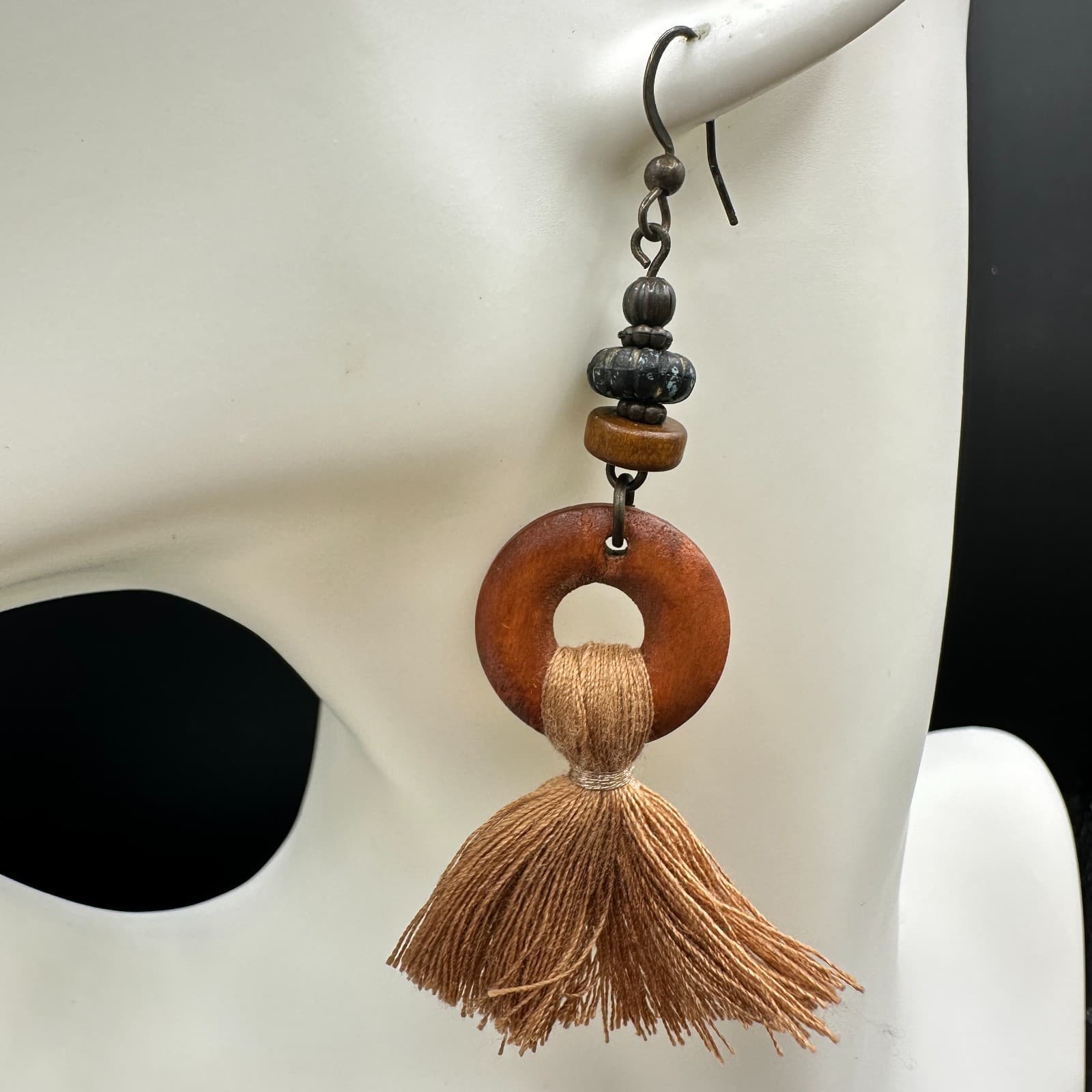 Vintage Handmade Women's Brown Tribal Wood Boho Tassel Dangle/Drop Earrings - Thumbnail 3