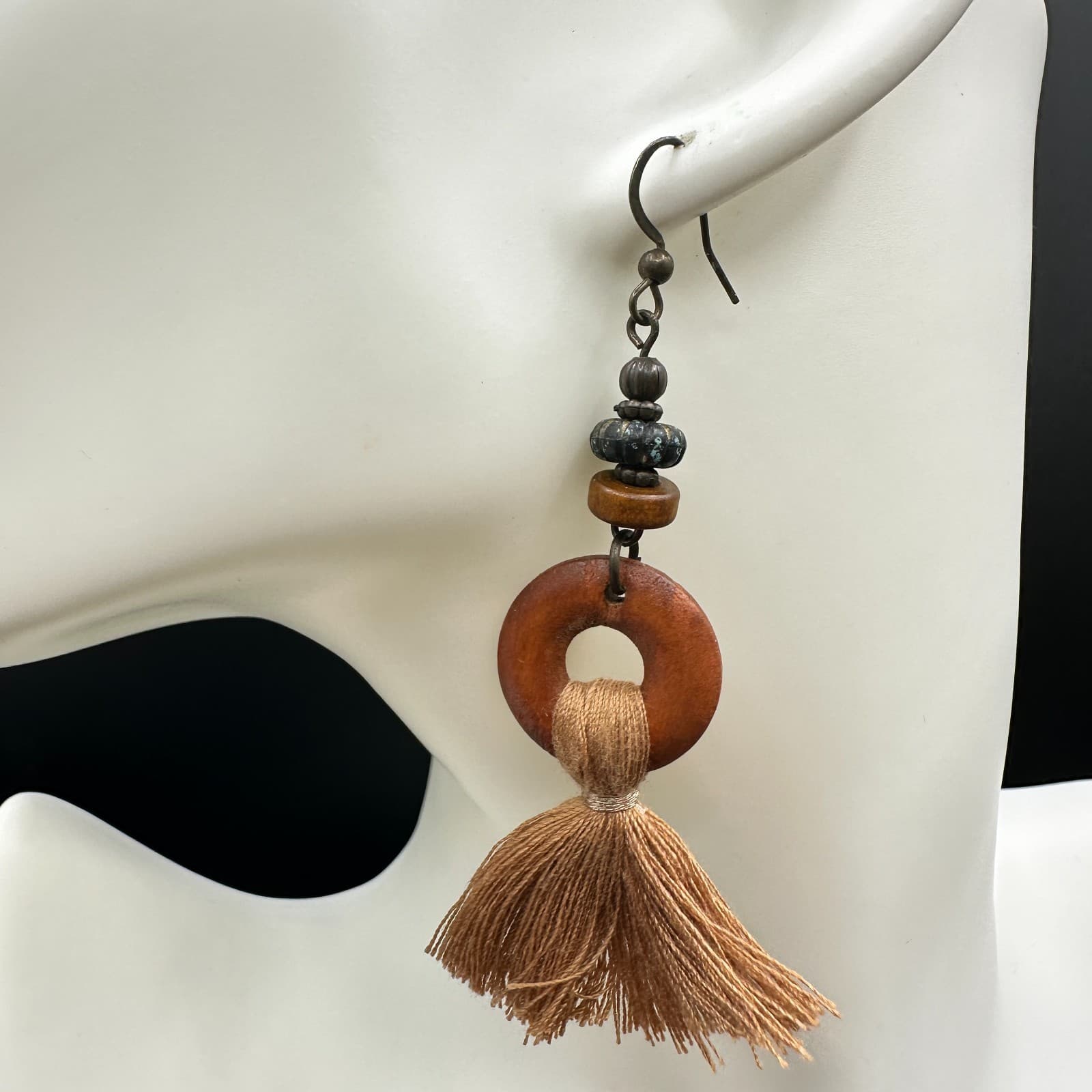 Vintage Handmade Women's Brown Tribal Wood Boho Tassel Dangle/Drop Earrings - Thumbnail 2