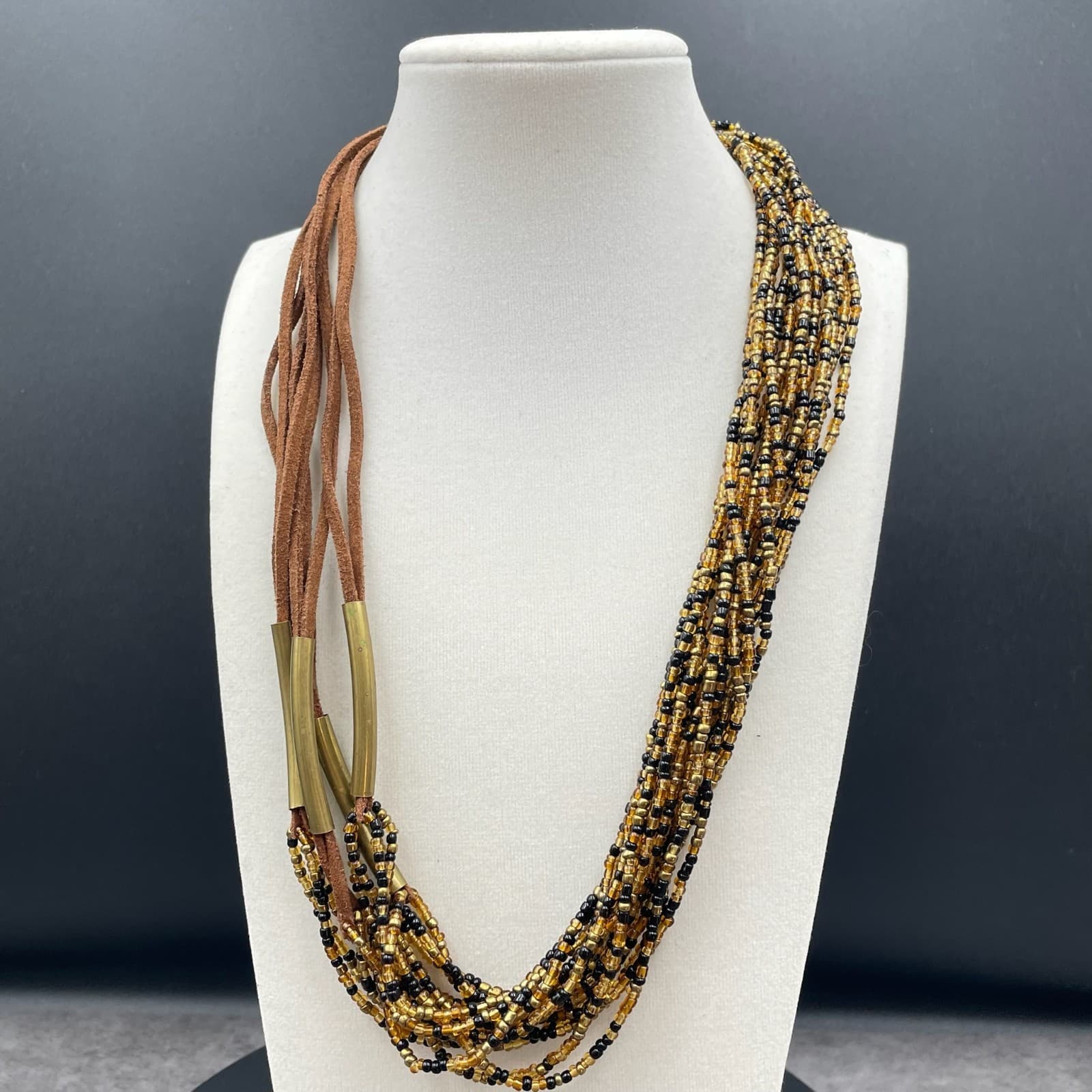 Vintage Amber Gold-Tone Suede Glass Seed Bead Multi-Strand Torsade Necklace - Image 1
