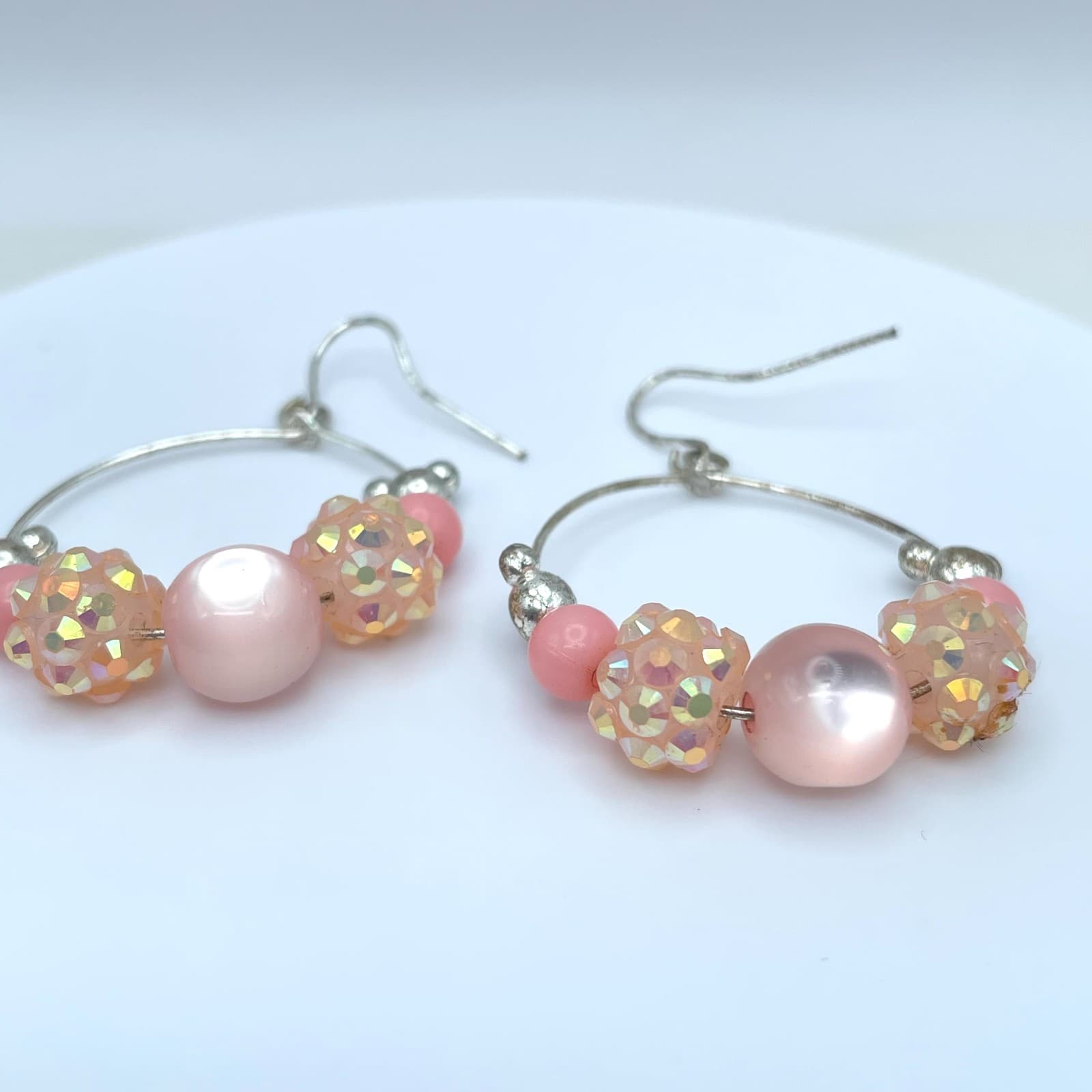 Vintage 90s Pink Iridescent Beaded Silver Tone Hoop Earrings Women's Jewelry - Thumbnail 2
