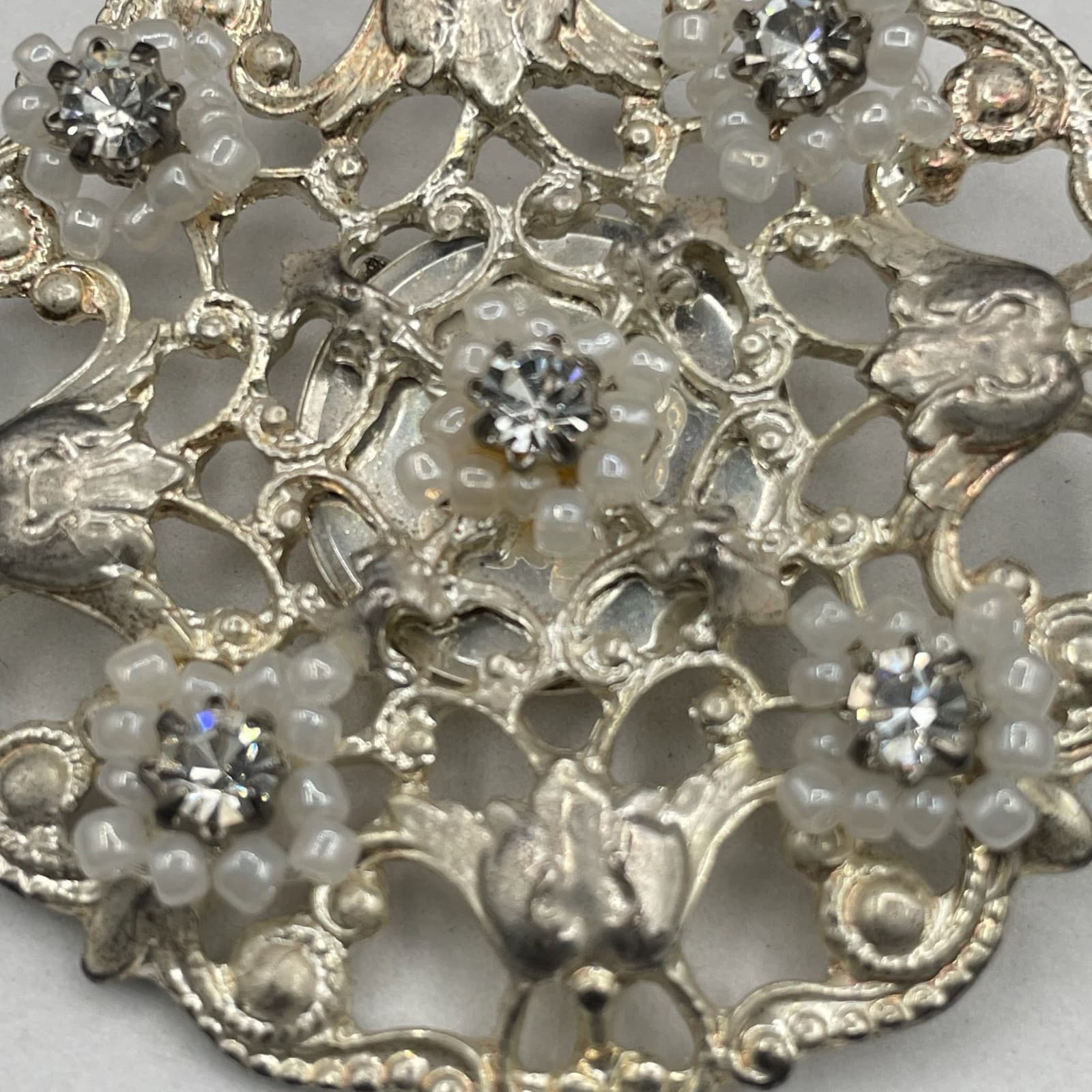 Vintage Silver Filigree Brooch w/ Rhinestones & Beaded Floral Accents - Thumbnail 4