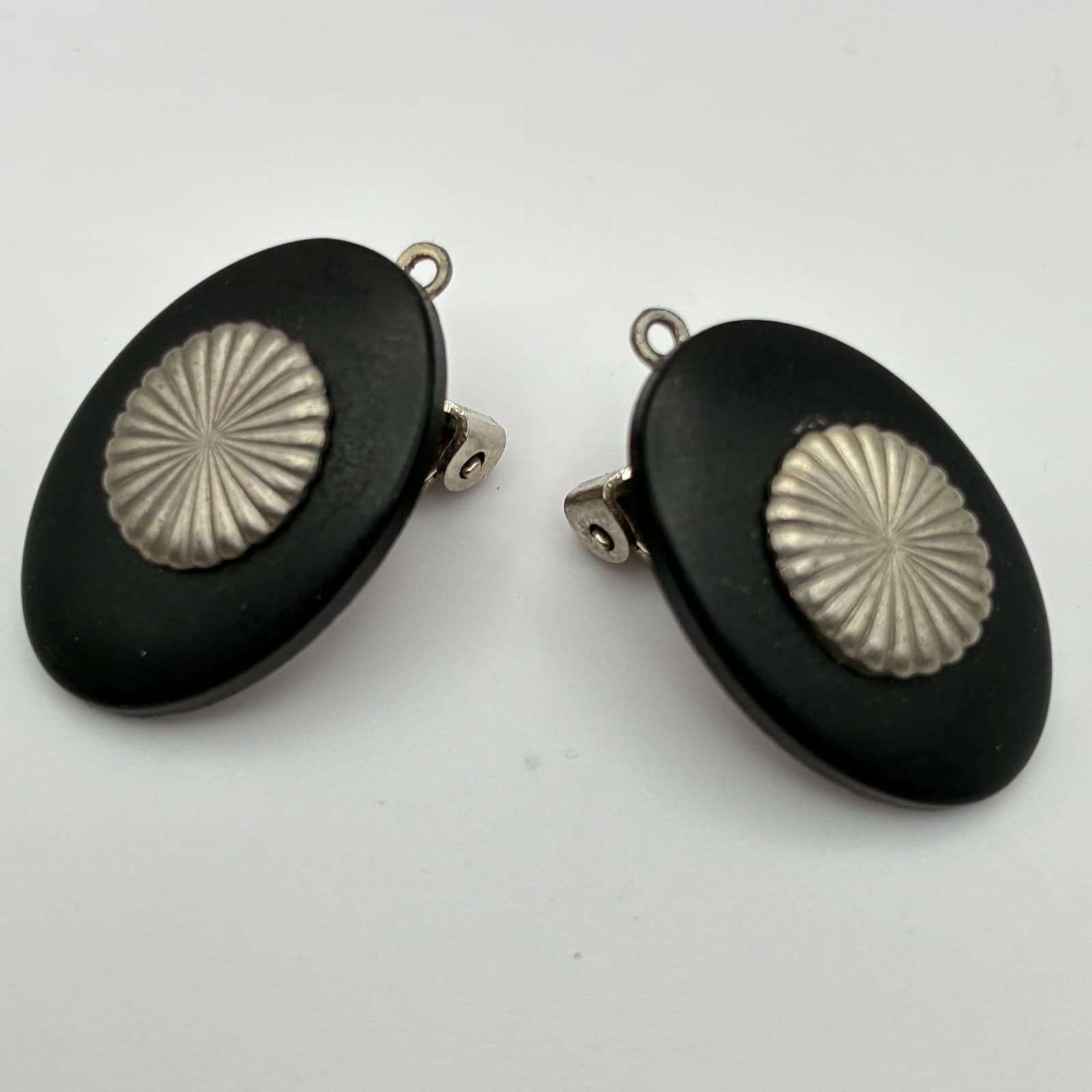 Vintage 90s Black Oval Silver Tone Sunburst Earrings Statement Women's Jewelry - Thumbnail 7