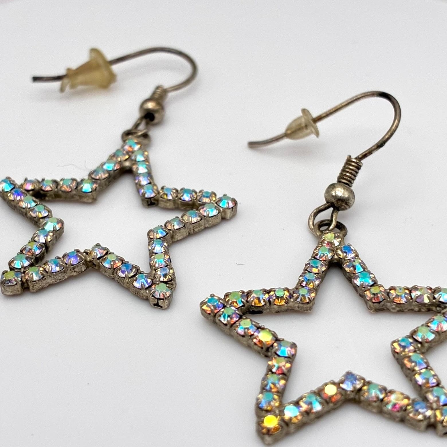 Vintage Y2K Silver Tone Star Iridescent Rhinestone Dangle Earrings Jewelry - Thumbnail 2