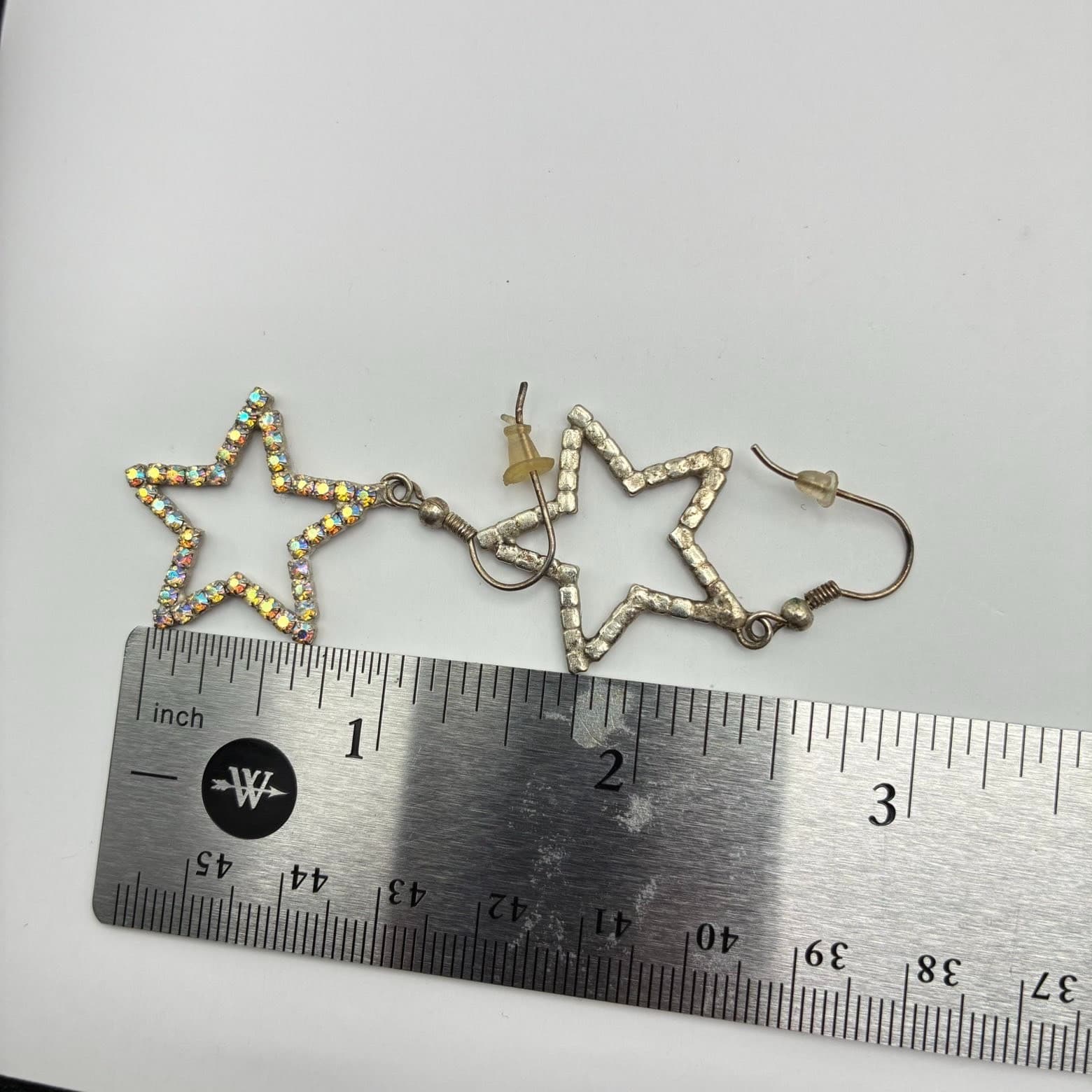 Vintage Y2K Silver Tone Star Iridescent Rhinestone Dangle Earrings Jewelry - Thumbnail 8