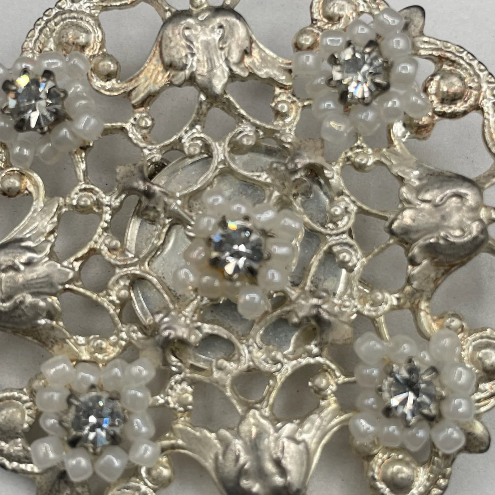 Vintage Silver Filigree Brooch w/ Rhinestones & Beaded Floral Accents - Thumbnail 3