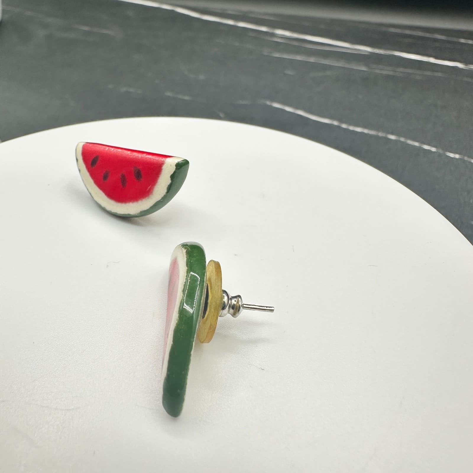 VTG Hand Painted Clay Watermelon Stud Earrings Fruit Food Resin Pop Art Fun - Thumbnail 3