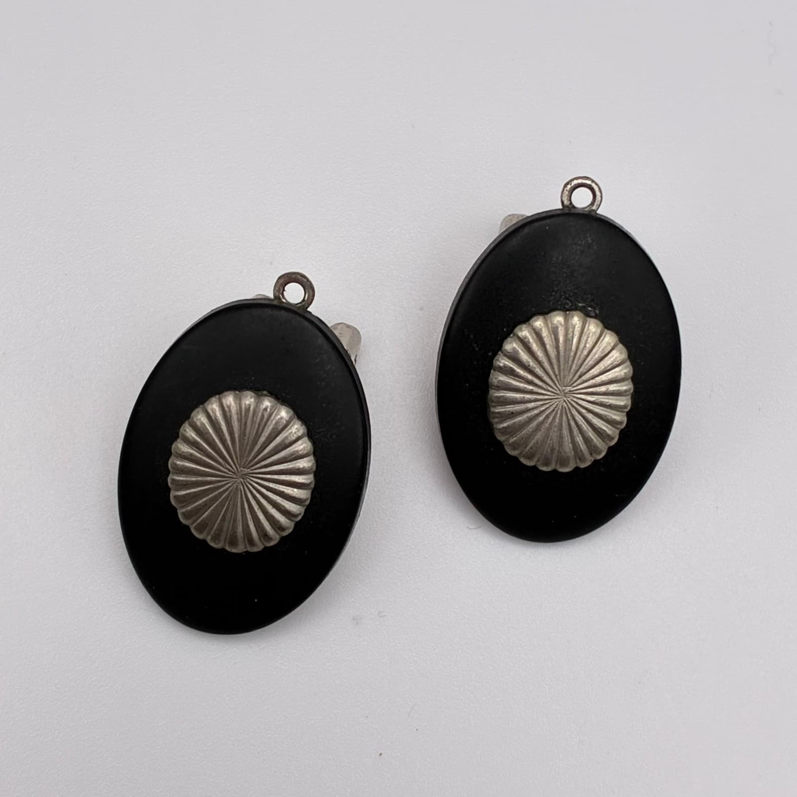 Vintage 90s Black Oval Silver Tone Sunburst Earrings Statement Women's Jewelry - Image 1
