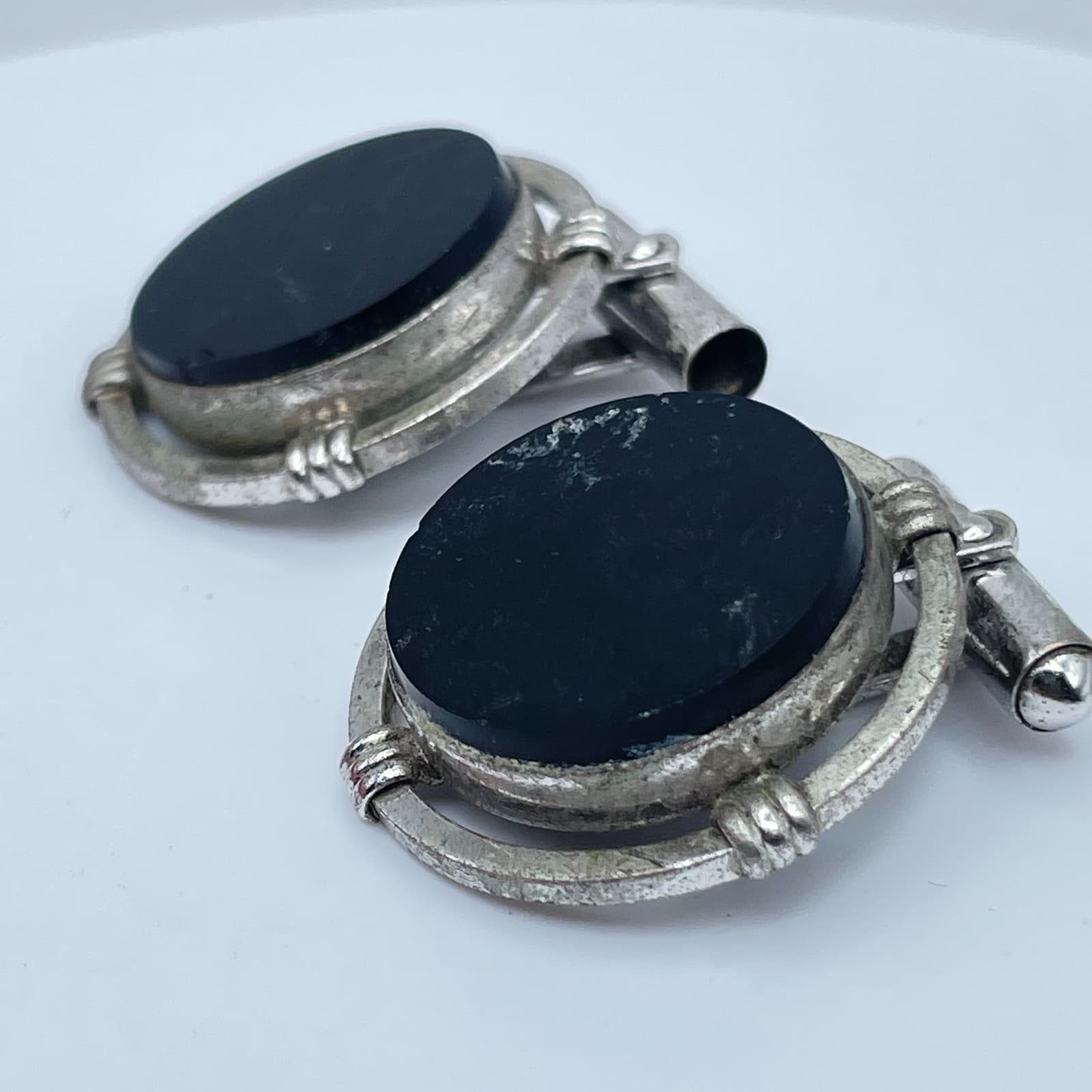 Vintage 80s Black Onyx Cufflinks Silver Tone Round Art Deco Swivel Jewelry - Thumbnail 3