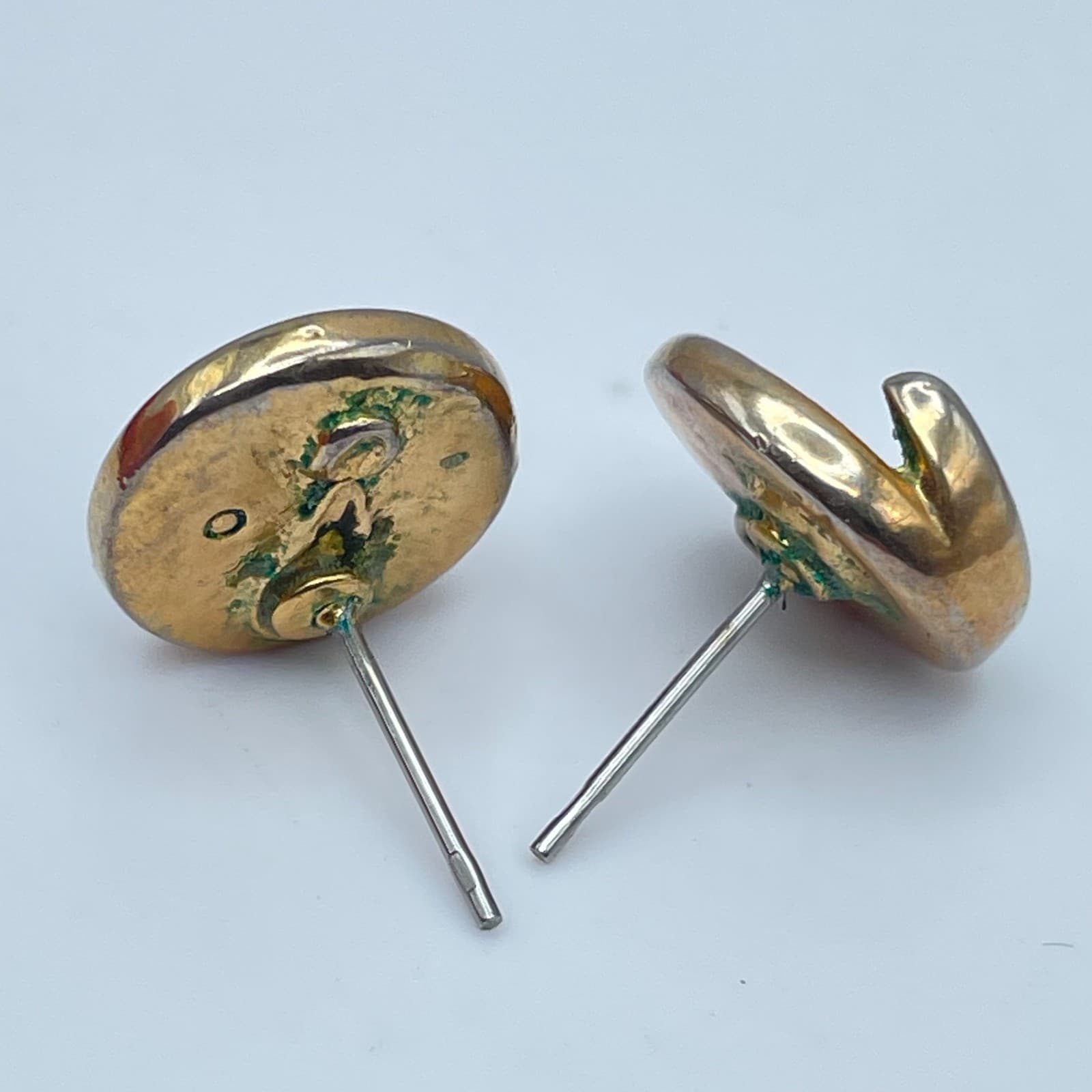 Vintage Y2K Green Stone Cabochon Silver Tone Stud Earrings Boho Women's Jewelry - Thumbnail 6