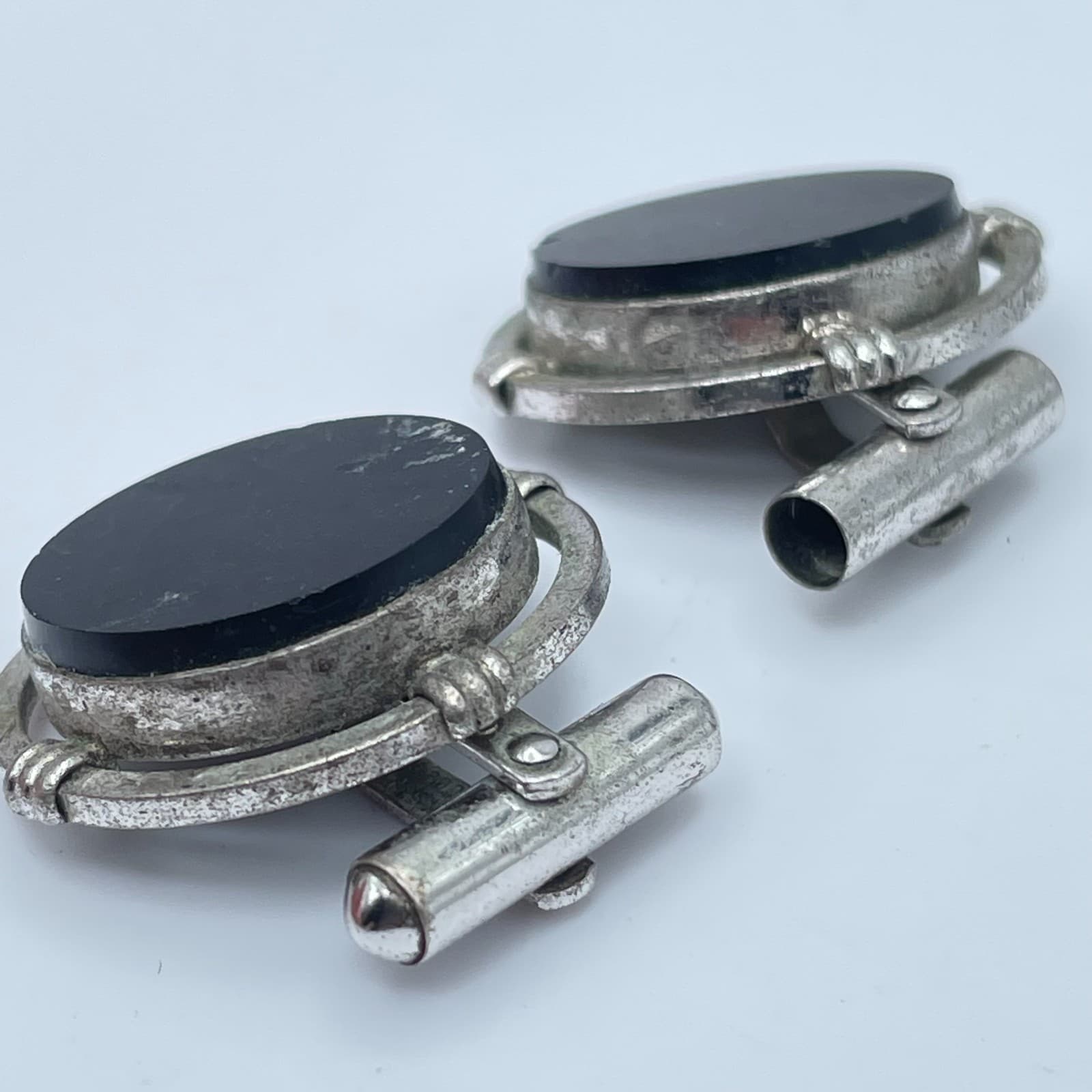 Vintage 80s Black Onyx Cufflinks Silver Tone Round Art Deco Swivel Jewelry - Thumbnail 4