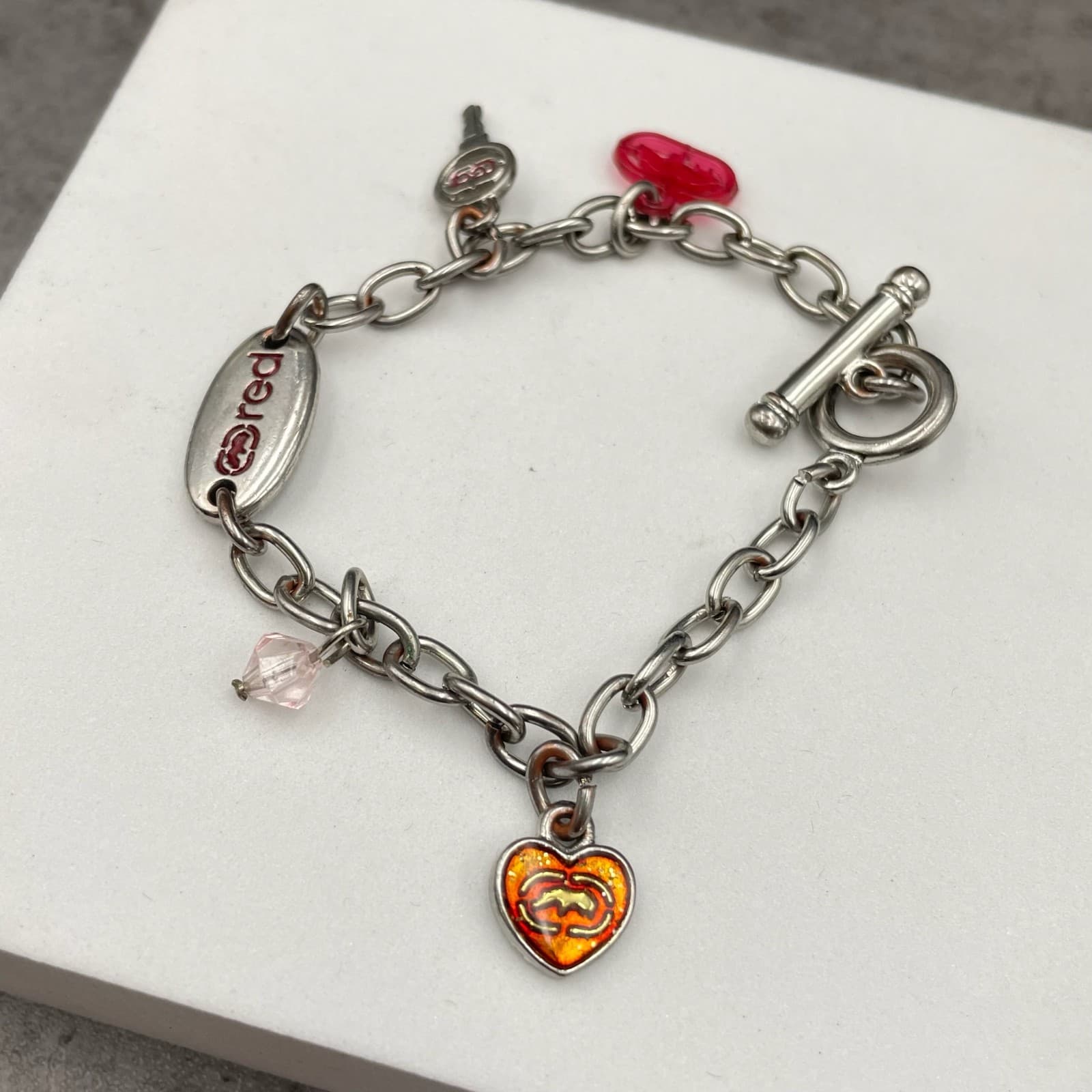 Ecko Red Y2K Silver-Tone Oval Link Chain Heart Charm Toggle Clasp Bracelet - Thumbnail 4