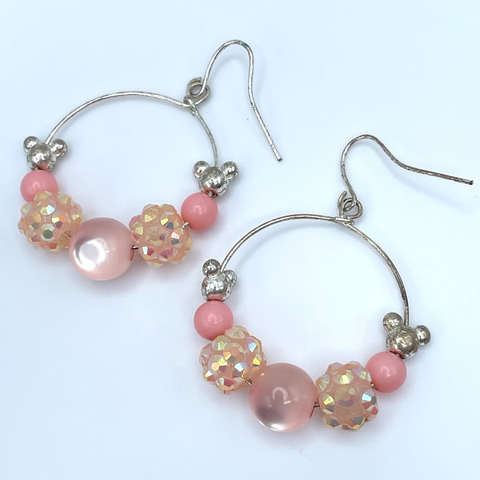 Vintage 90s Pink Iridescent Beaded Silver Tone Hoop Earrings Women's Jewelry - Thumbnail 6