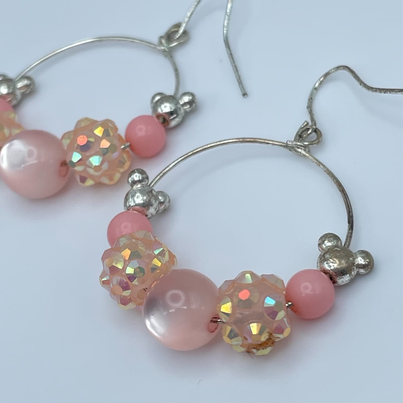 Vintage 90s Pink Iridescent Beaded Silver Tone Hoop Earrings Women's Jewelry - Thumbnail 5