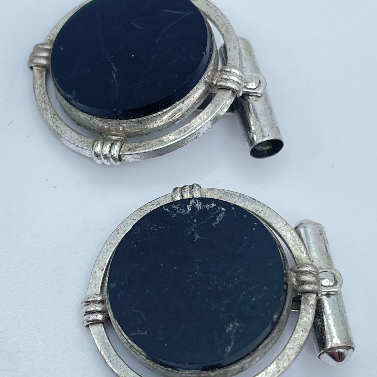 Vintage 80s Black Onyx Cufflinks Silver Tone Round Art Deco Swivel Jewelry - Thumbnail 5
