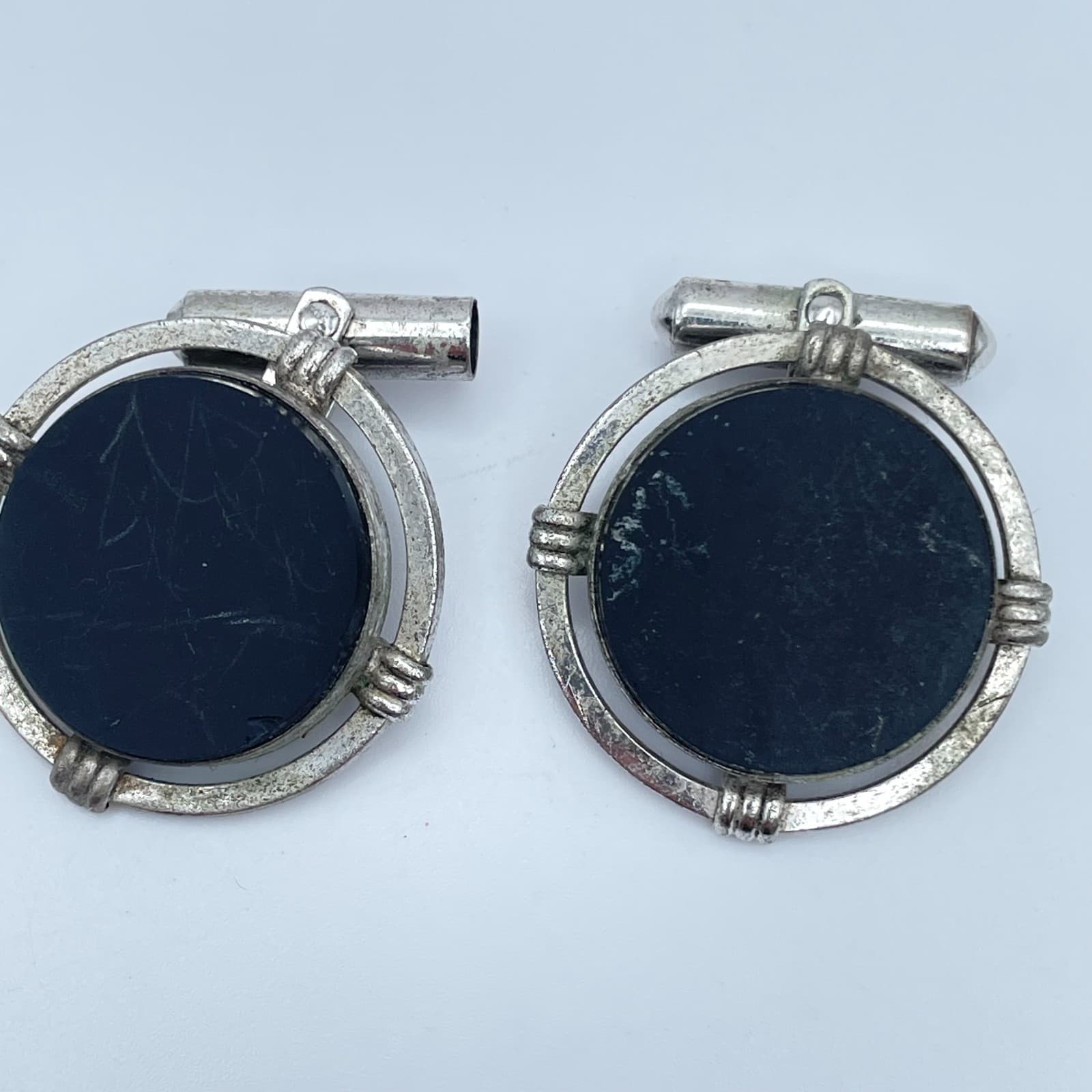 Vintage 80s Black Onyx Cufflinks Silver Tone Round Art Deco Swivel Jewelry - Image 1