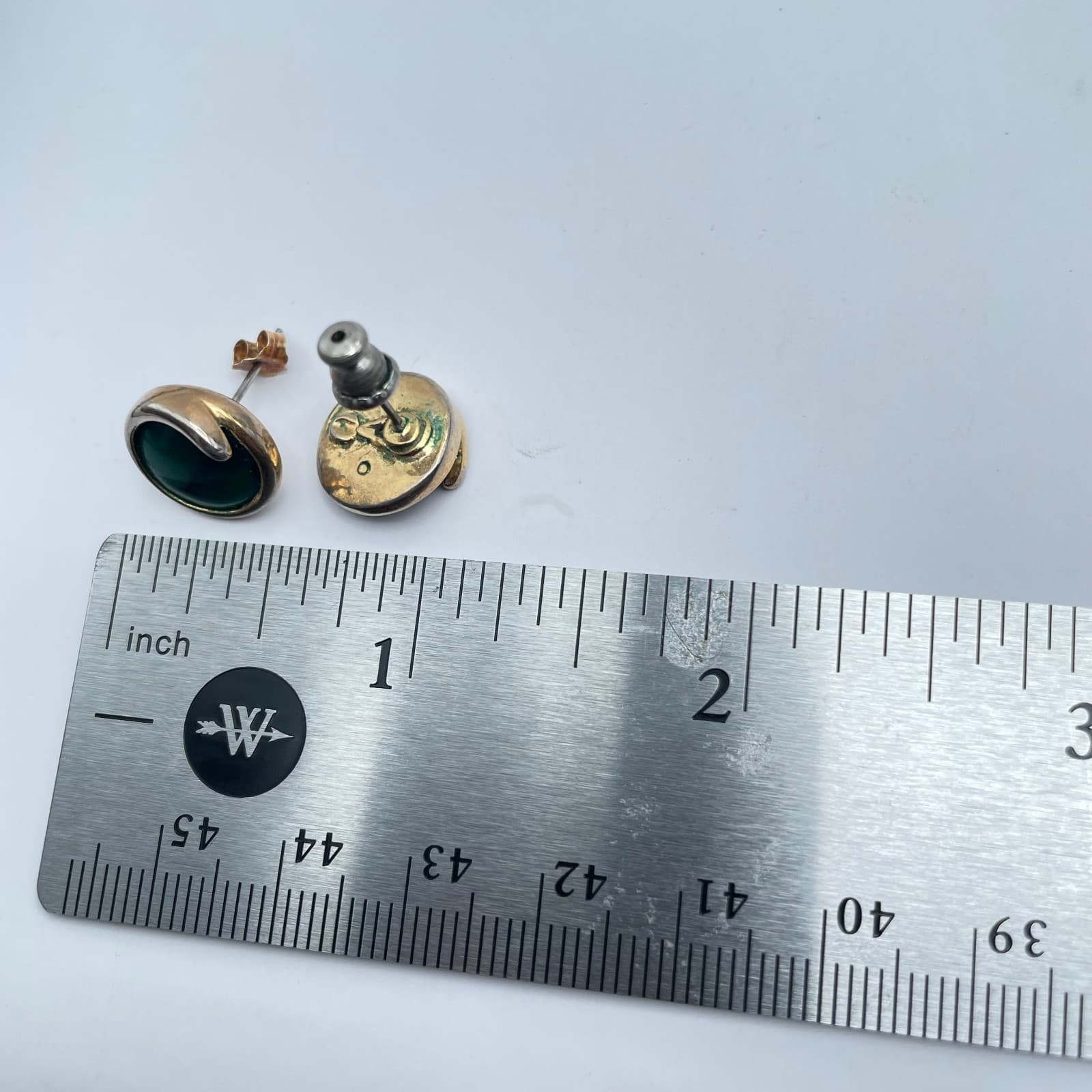 Vintage Y2K Green Stone Cabochon Silver Tone Stud Earrings Boho Women's Jewelry - Thumbnail 8