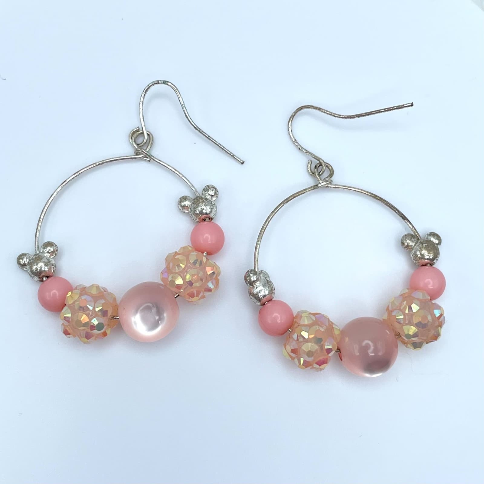 Vintage 90s Pink Iridescent Beaded Silver Tone Hoop Earrings Women's Jewelry - Image 1