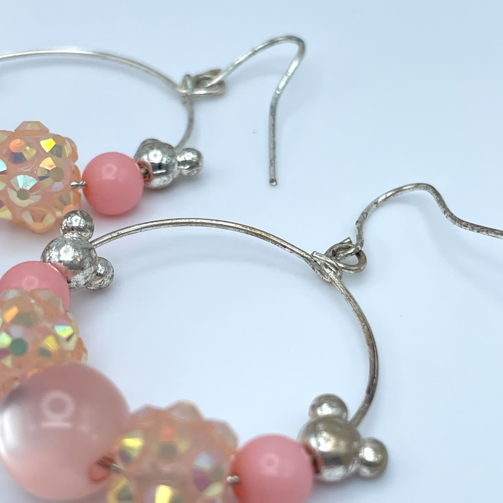 Vintage 90s Pink Iridescent Beaded Silver Tone Hoop Earrings Women's Jewelry - Thumbnail 3