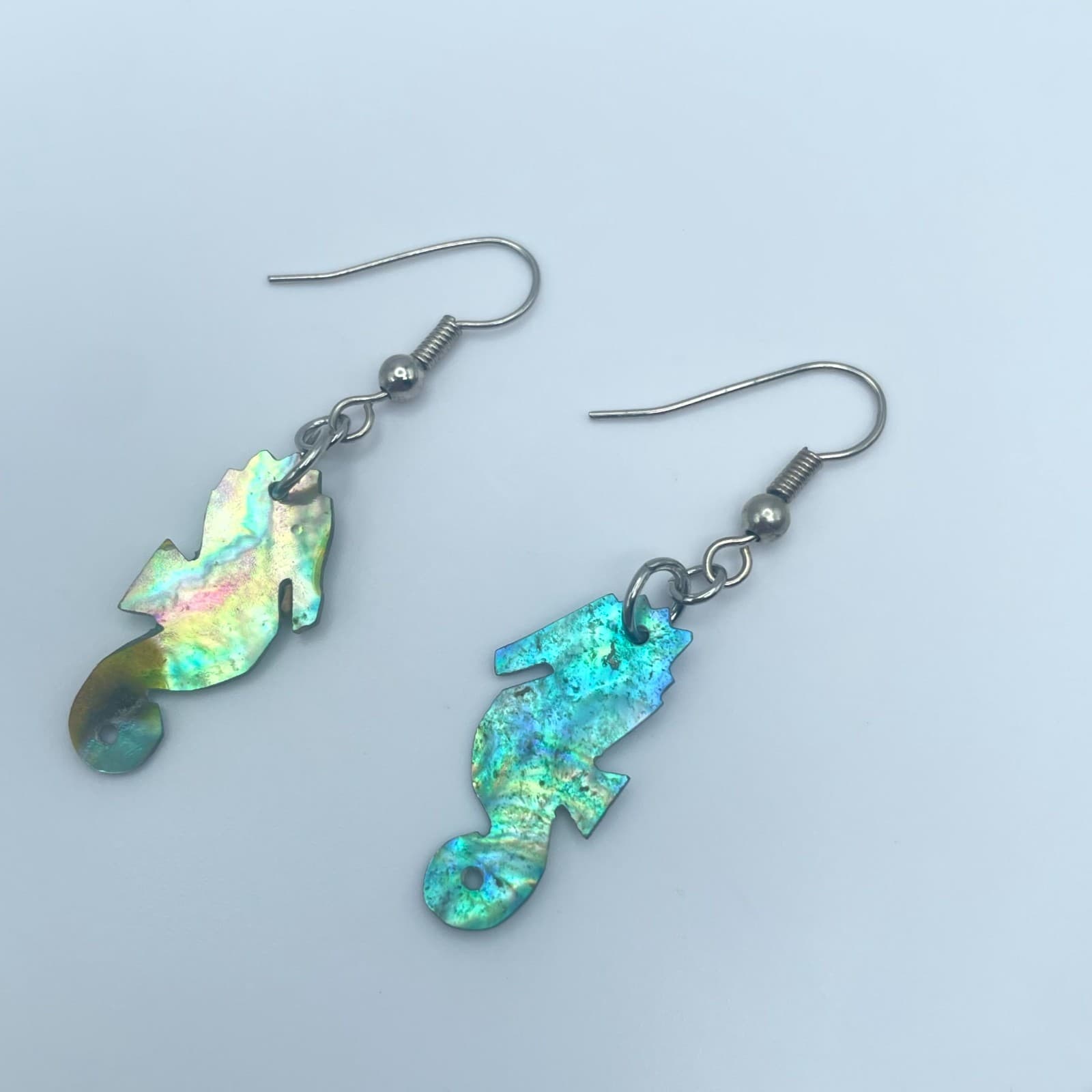 Beauty Silver-Tone Iridescent Abalone Shell Seahorse Drop French Hook Earrings - Thumbnail 4